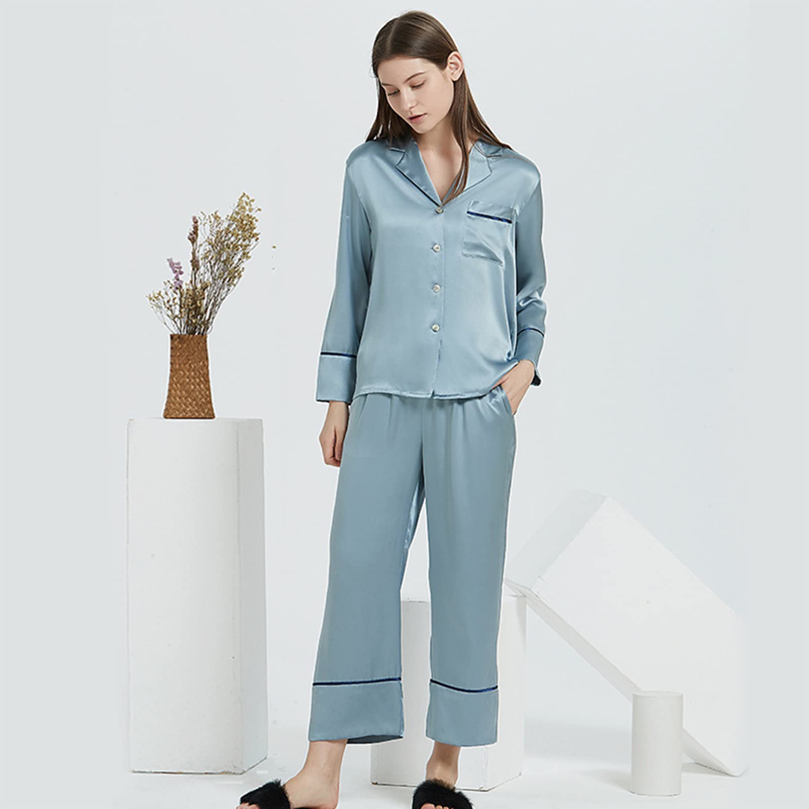 Women's Satin Pajama Set - Soft Silk Long Sleeve Button Down Sleepwear & Loungewear 2-Piece Set (Grey Blue, XL) for Relaxing at Home, Spa Nights & Gift Giving