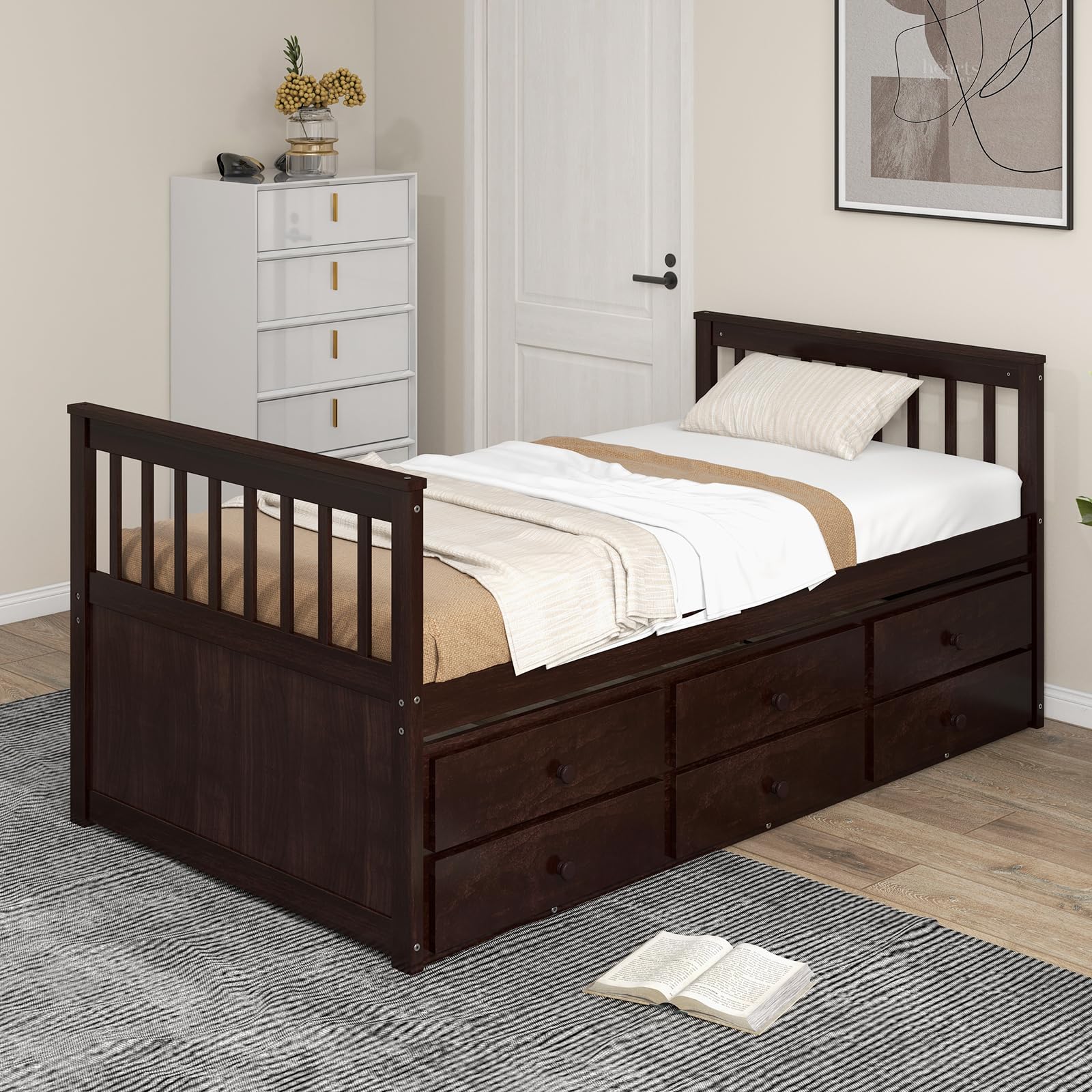 DORTALA Twin Size Trundle Bed with Storage Drawers - Wooden Daybed Frame for Boys, Girls & Adults - No Box Spring Needed - Modern Espresso Captains Bed - Perfect for Bedroom, Guest Room & Small Spaces