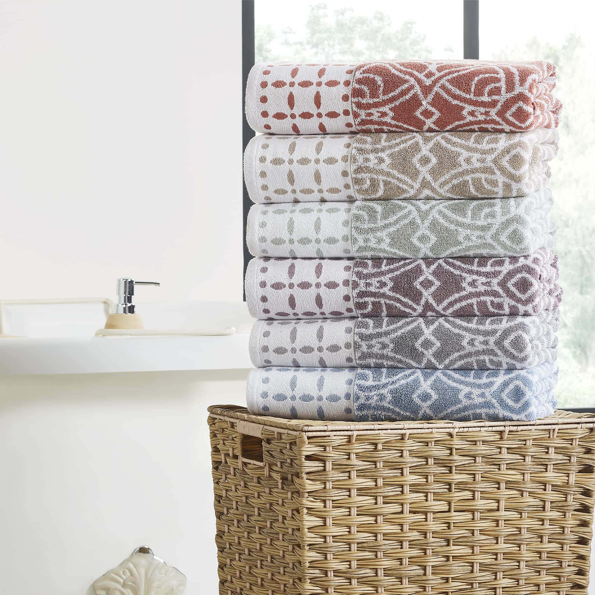 Premium 6-Piece Bath Towel Set - 2 Bath Towels, 2 Hand Towels, 2 Washcloths | Yarn-Dyed Jacquard & Solid Design in Monroe Fawn | Soft & Absorbent for Spa, Bathroom, and Guest Use