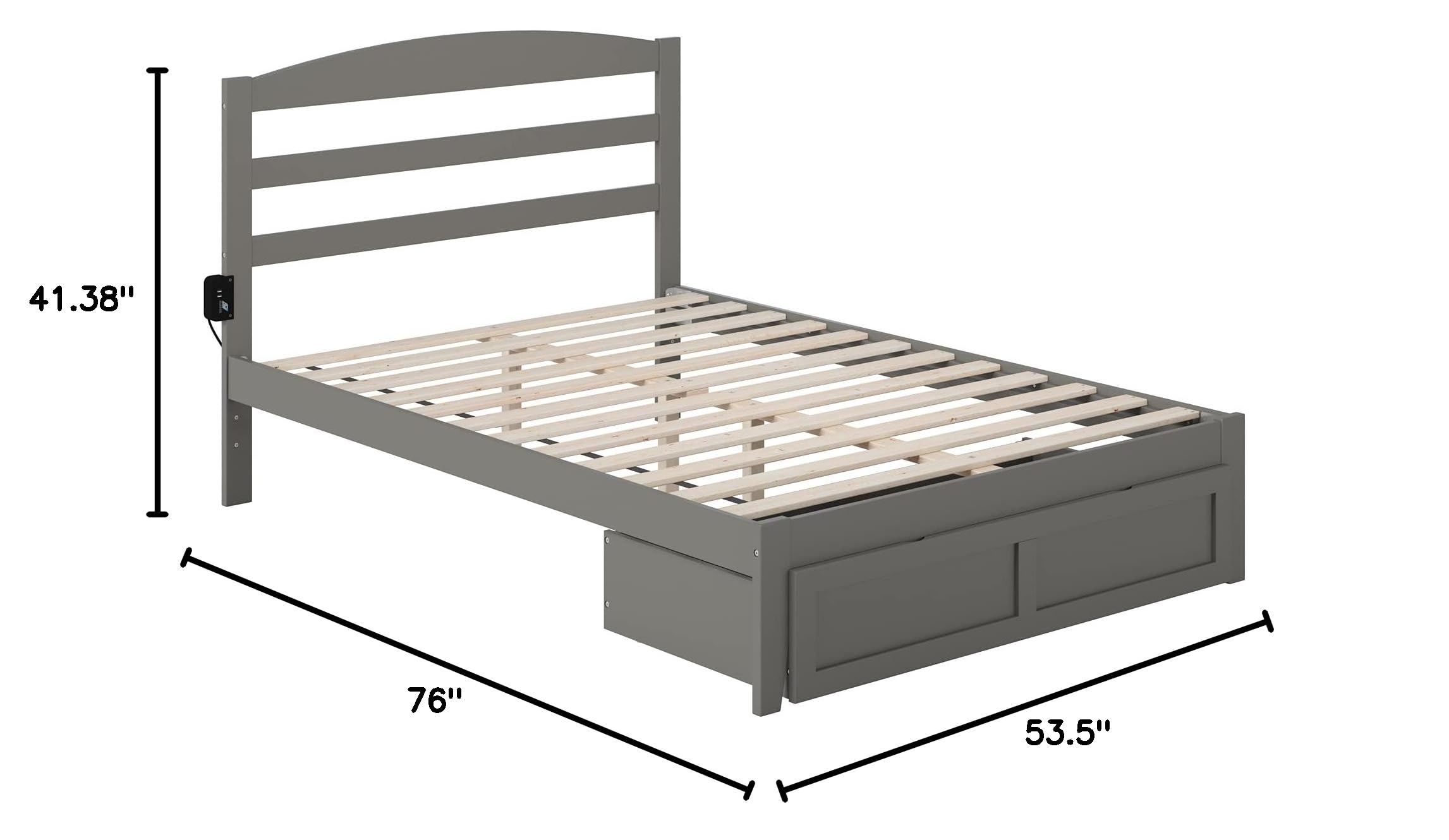 AFI Warren Full Size Platform Bed Frame with Storage Drawer & USB Charging Station - Grey Modern Bedroom Furniture for Small Spaces & Guest Rooms