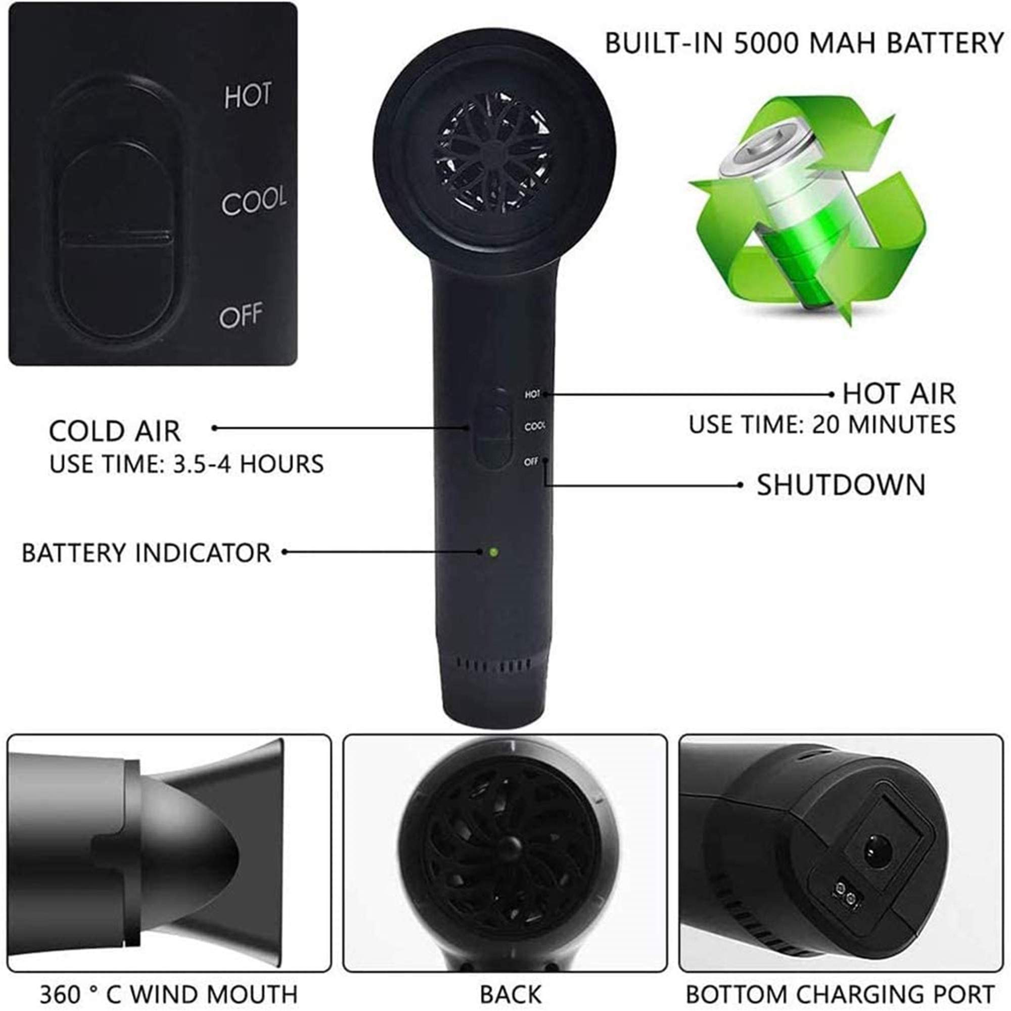 Cordless Hair Dryer with Diffuser - Portable Rechargeable Blow Dryer for Travel, Hot & Cold Air Settings, Wireless Hair Styling Tool for Home & Salon Use | Perfect for Drying, Styling & Hair Painting