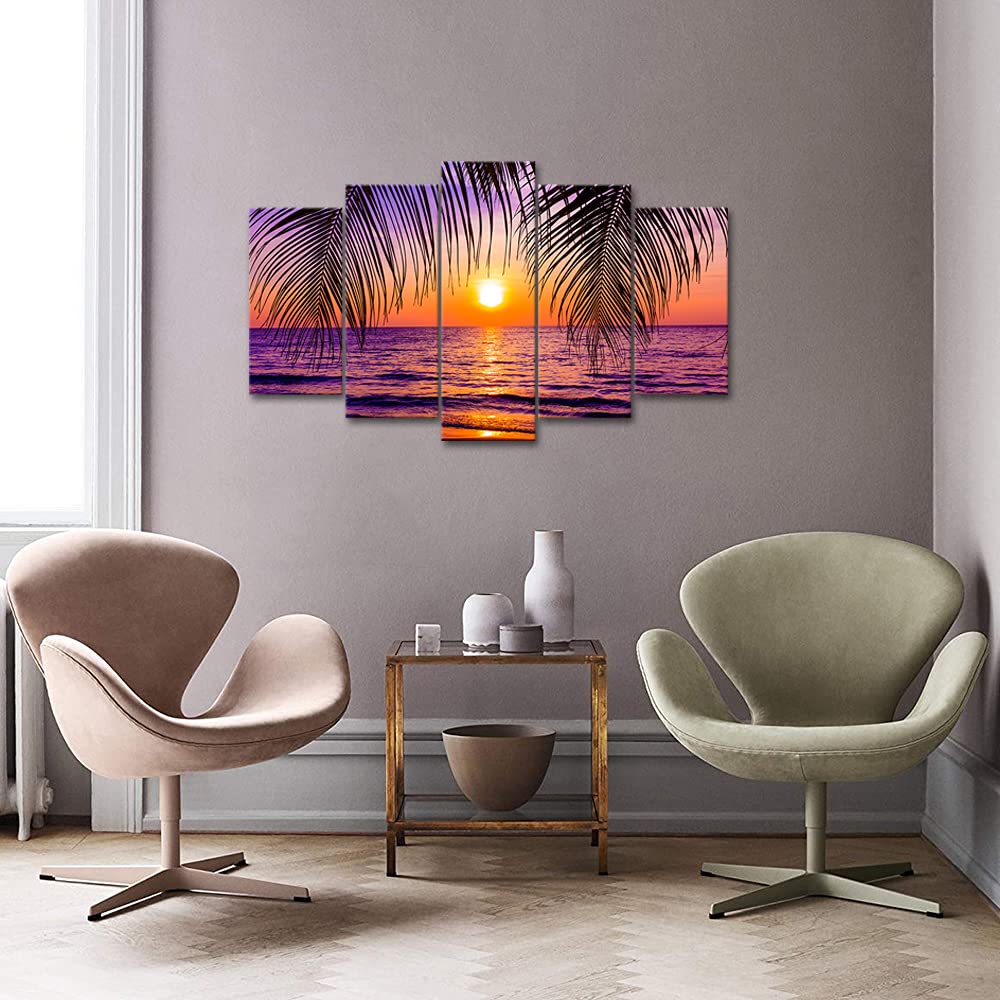 5 Piece Golden Seascape Ocean Beach Wall Art - Hawaii Sunset Canvas Prints, Stretched & Framed Ready to Hang - Modern Coastal Decor for Living Room, Bedroom & Office