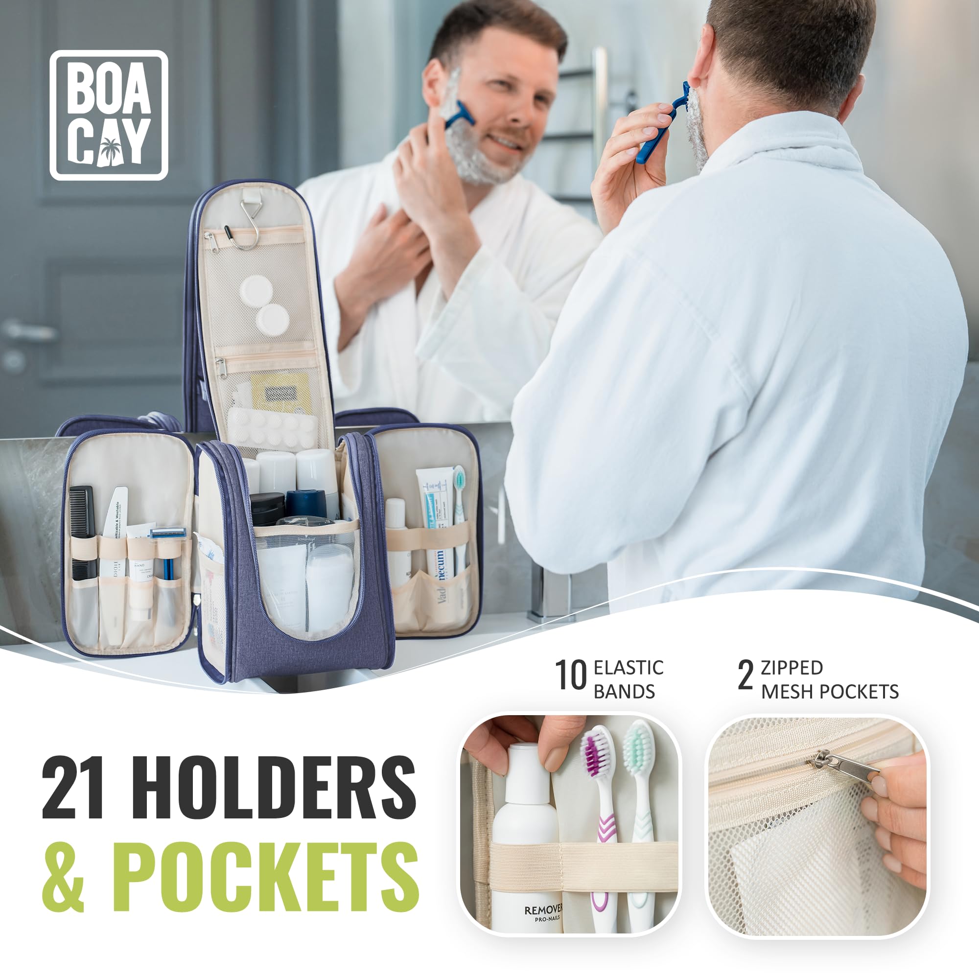 BOACAY Hanging Travel Toiletry Bag for Women & Men - Waterproof Makeup Organizer with Multiple Pockets - Perfect for Cosmetics, Toiletries, Shampoo & Travel Essentials - Ideal for Bathroom, Shower & Vacation Trips