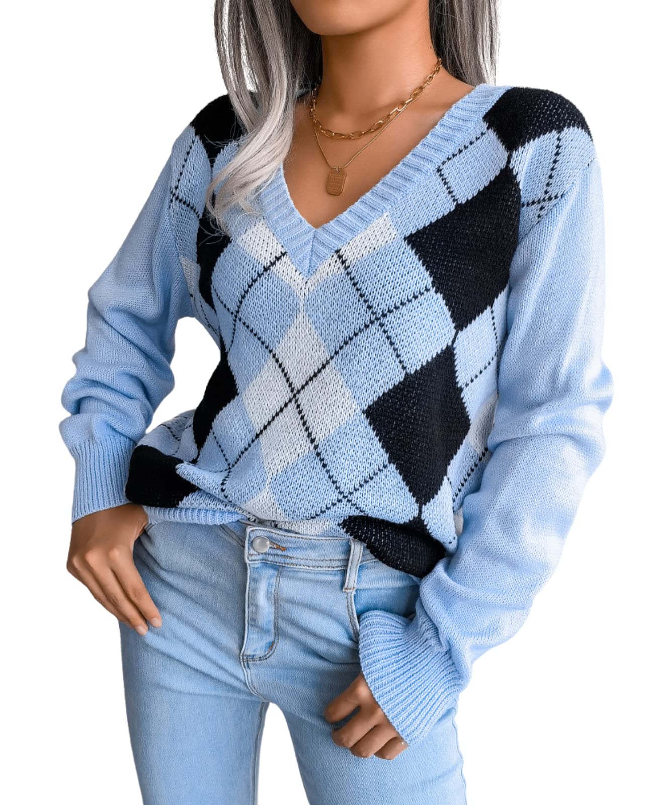 Fronage Women's Waffle Knit V-Neck Long Sleeve Sweater | Rainbow Striped Casual Pullover Top for Fall | Cozy Loose Fit Shirt for Work, Date Night & Weekend Outings