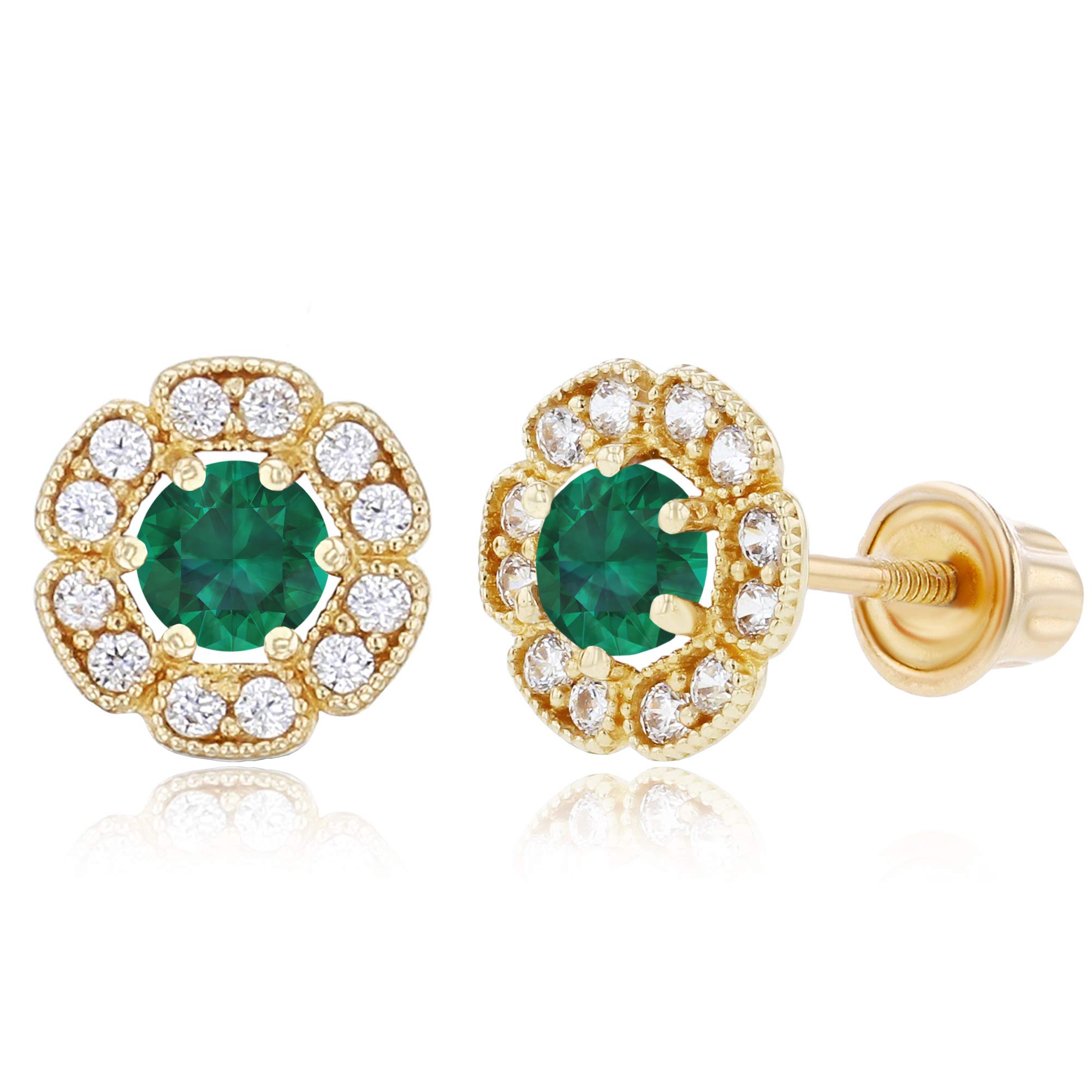 14K Solid Gold 6mm Natural Birthstone Flower Screwback Stud Earrings for Women | 7mm Round Birthstone | 1mm Created White Sapphire Floral Earrings | Perfect for Birthdays, Anniversaries & Everyday Elegance