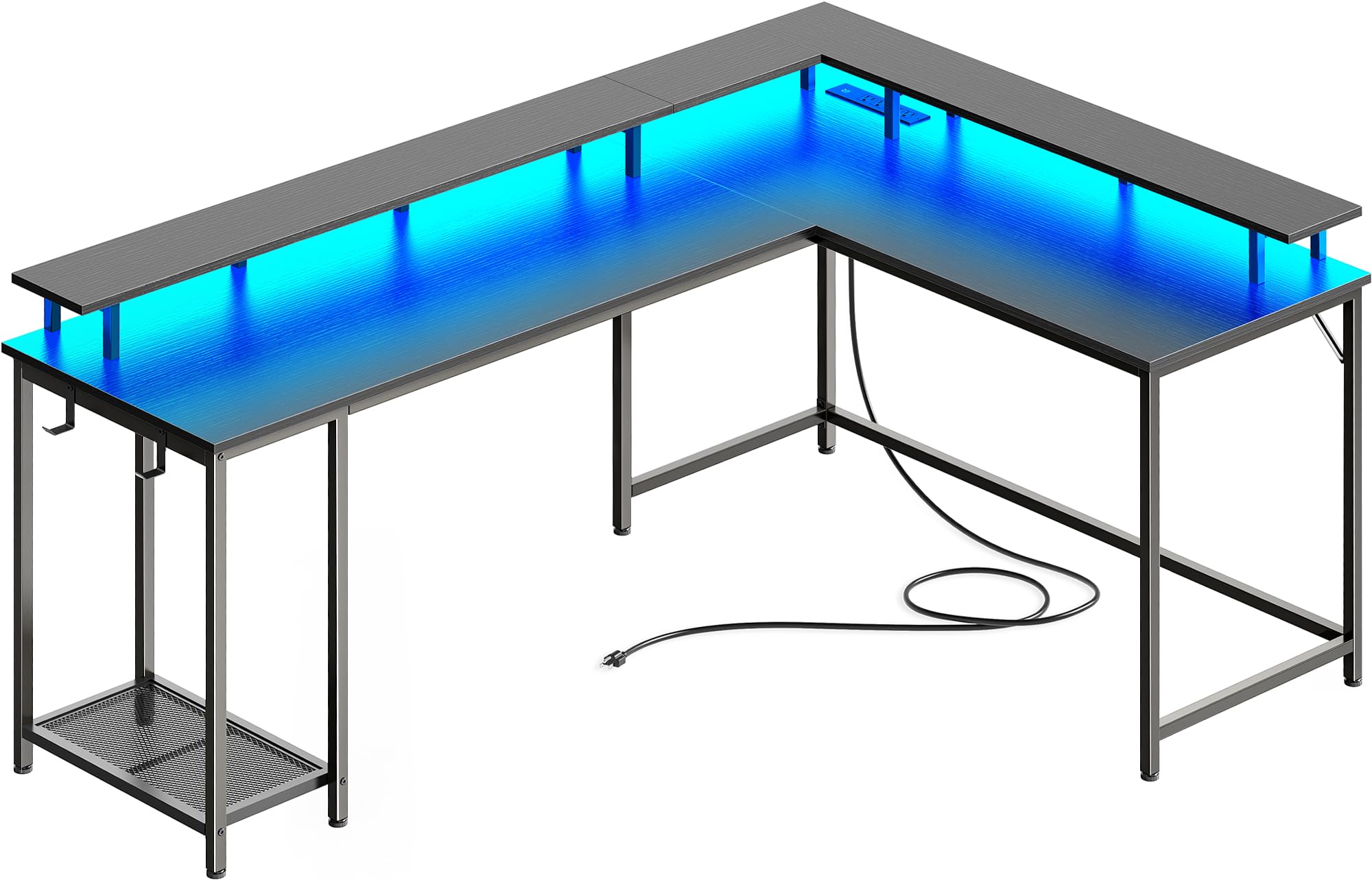 SUPERJARE 66 Inch L-Shaped Gaming Desk with Power Outlets, LED Lights & Monitor Stand - Ergonomic Computer Desk with Storage Shelf & Hooks for Home Office, Streaming Setup & Gaming Station (Black)