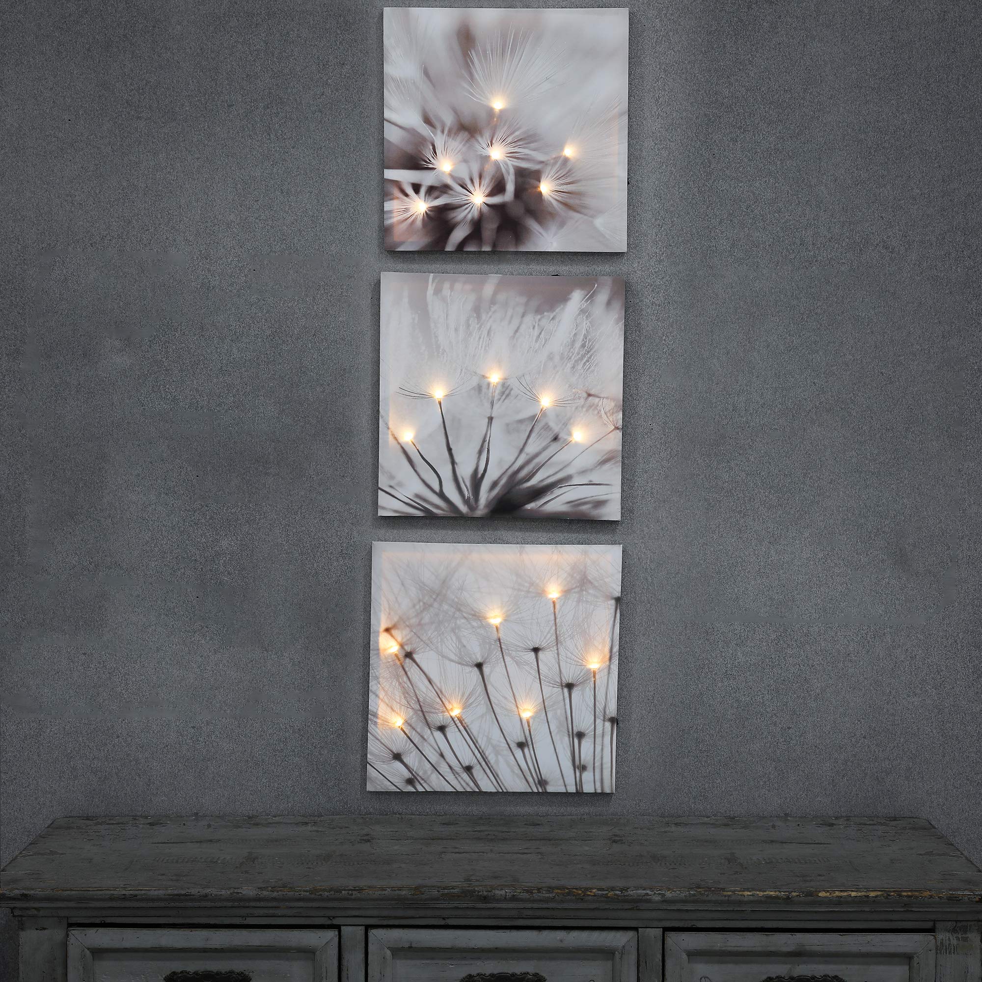 LuxenHome 3-Piece Dandelion Canvas Wall Art Set - Lighted Botanical Prints for Living Room, Bedroom, Bathroom & Office Decor - Modern Home Wall Decor for Relaxing Spaces & Nature-Inspired Interiors