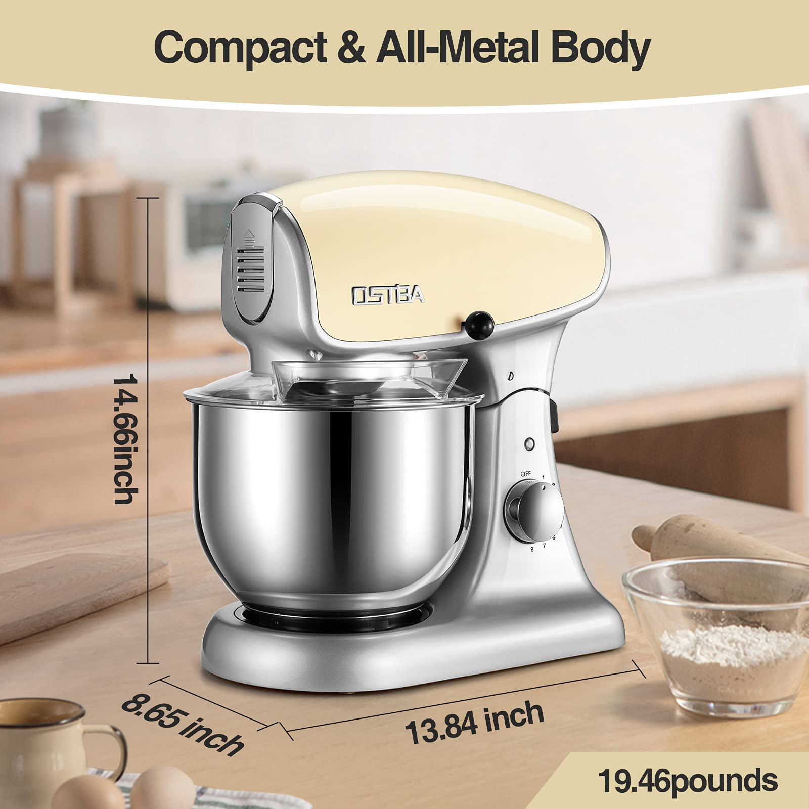 8-Speed 600W Die-Cast Stand Mixer - 5.5Qt Tilt-Head Kitchen Mixer with Stainless Steel Bowl, Dough Hook, Egg Whisk & Splash Guard - Perfect for Baking, Dough Kneading & Whipping Cream (Almond Cream Color)