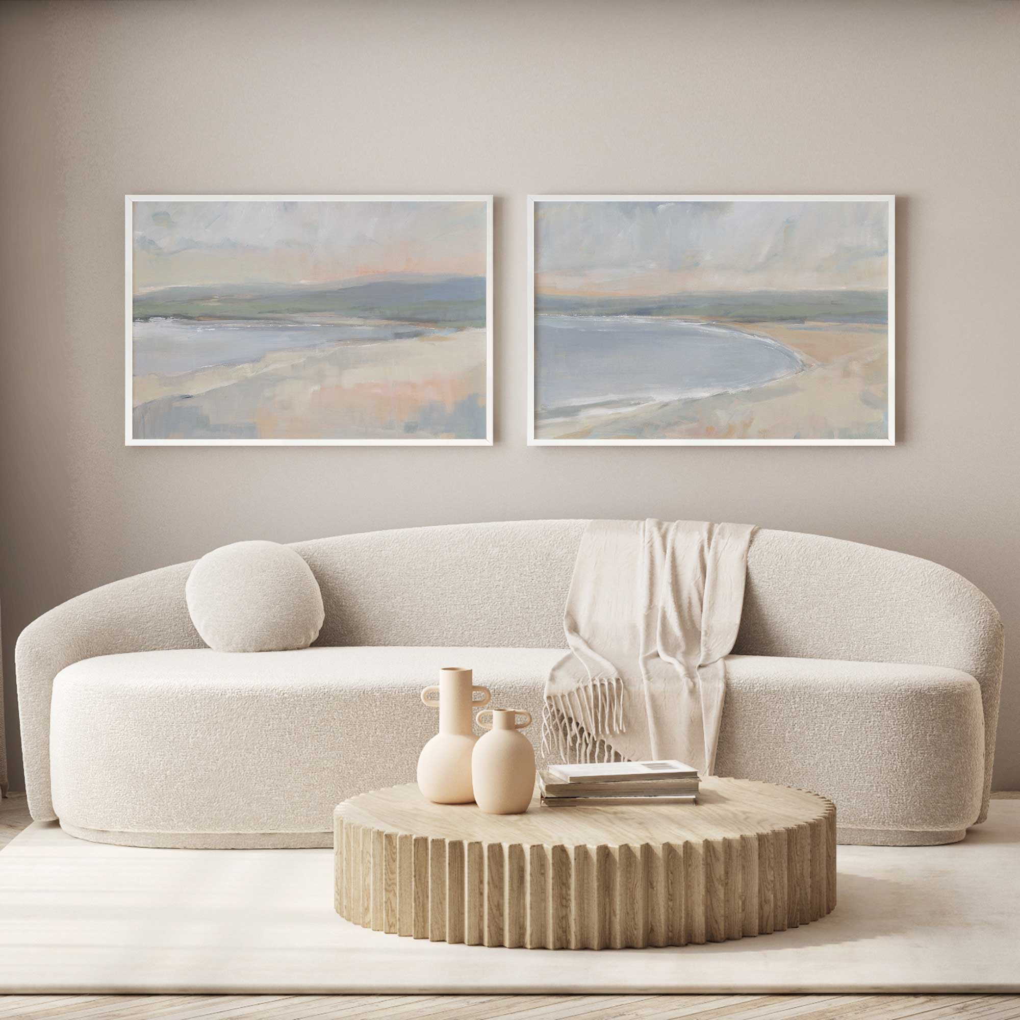 Hazy Beach at Dawn - Set of 2 Coastal Wall Art Prints for Living Room & Bedroom Decor