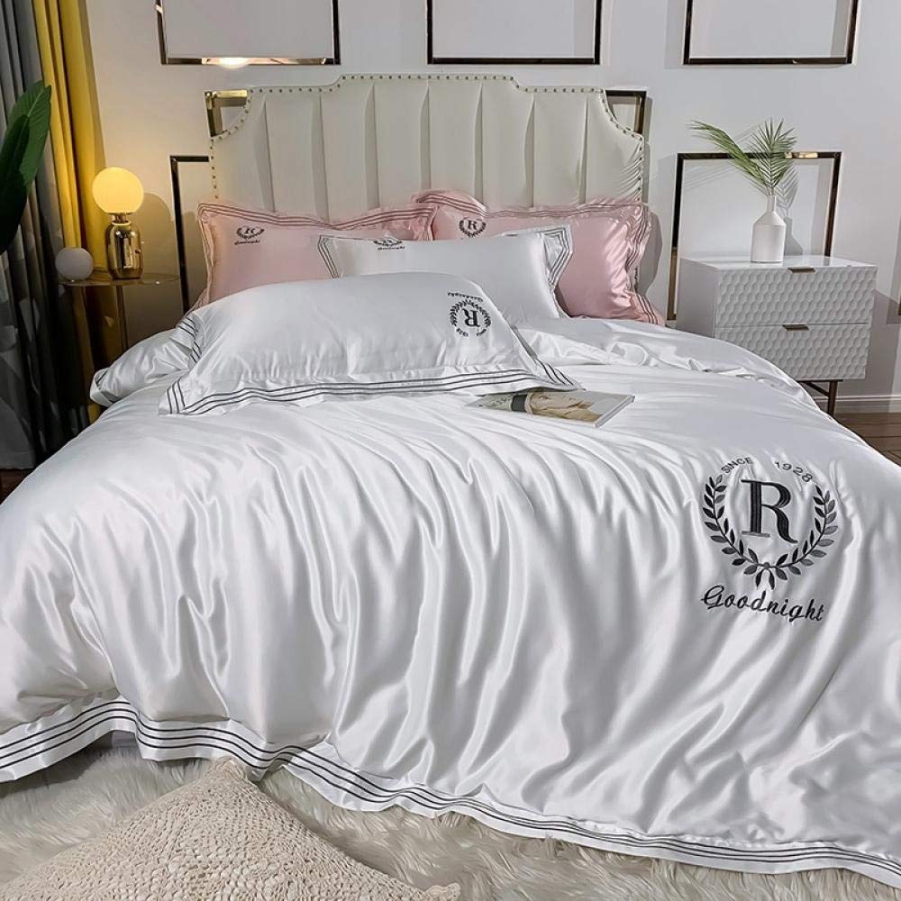 Luxury Washed Tencel Silk Queen Size Bed Sheet Set - 4 Piece Cotton Embroidered Modal Summer Bedding with Quilt Cover - Breathable & Soft for Hot Sleepers - Perfect Gift for Home, Hotel, or Vacation House (White, Queen) - Ideal for Master Bedrooms, Guest Rooms, and Summer Nights