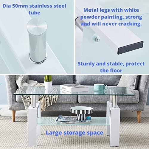 Modern Rectangle Tempered Glass Coffee Table with Sturdy Metal Legs - White Contemporary Living Room Center Table for Home, Office & Lounge - Perfect for Entertaining, Relaxation & Conversation Areas