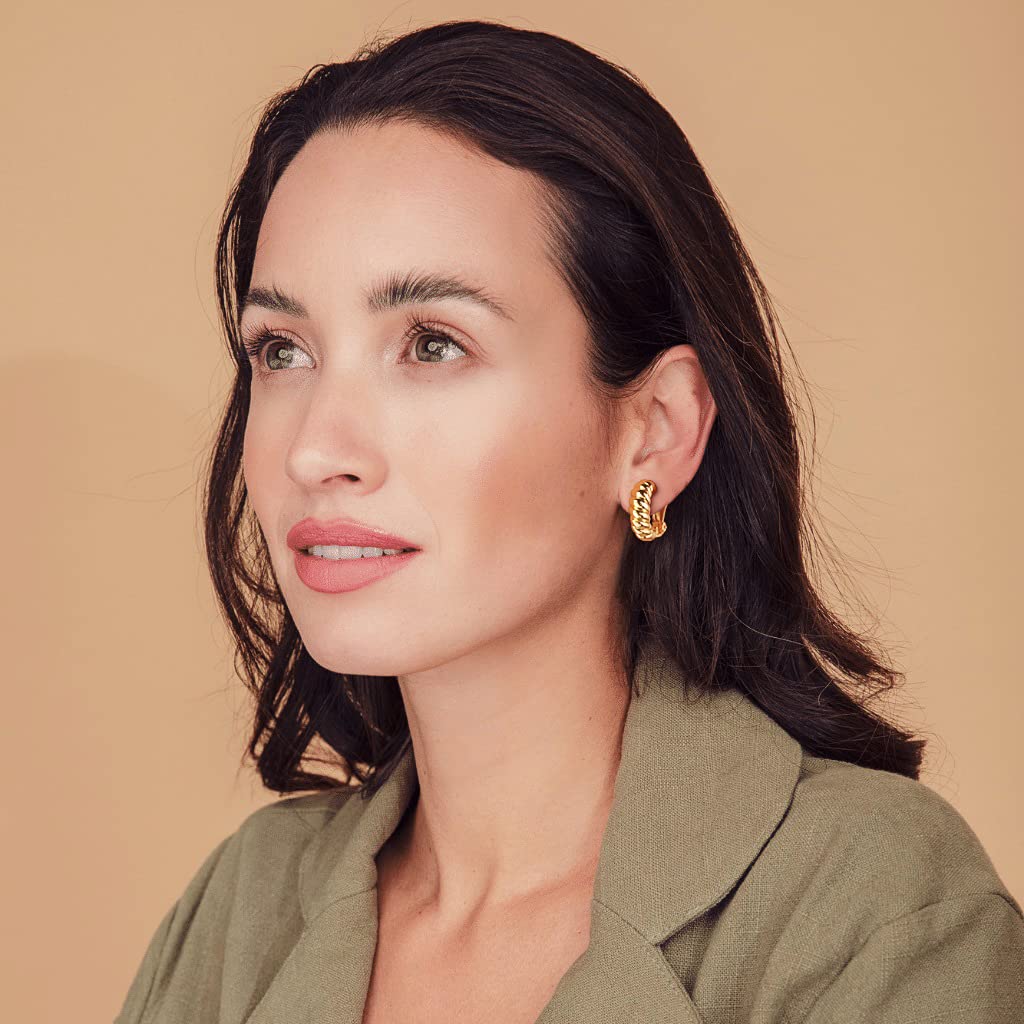 14K Gold Clip-On Hoop Earrings for Women - Hypoallergenic Non-Pierced Croissant Earrings | Perfect for Sensitive Ears, Weddings & Special Occasions