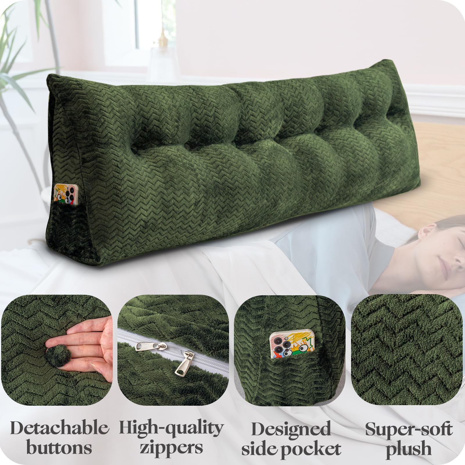 Large Bolster Triangular Headboard Wedge Pillow - Adjustable Backrest Support for Day Beds, Reading & Relaxation - Removable Washable Cover - Perfect for Bedroom, Living Room & Dorm Comfort