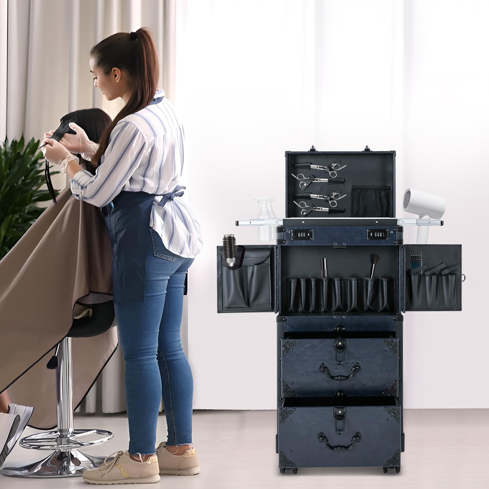 Professional Rolling Makeup Train Case with 360° Swivel Wheels - Large Portable Nail & Hairstylist Organizer for Cosmetologists (Blue) | Perfect for Salon, Travel & Mobile Beauty Services