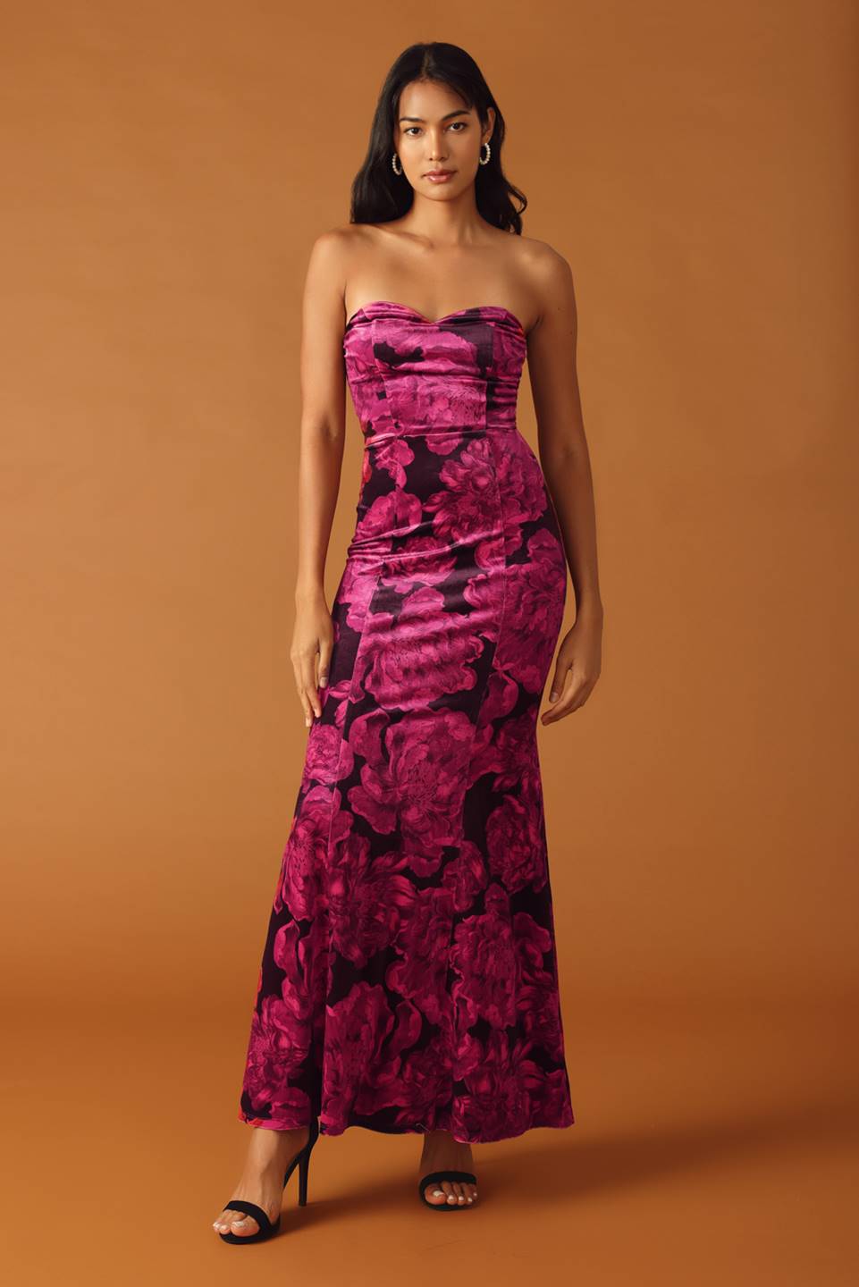 Elegant Berry Velvet Floral Maxi Dress for Women - Perfect for Fall Weddings, Parties & Special Occasions