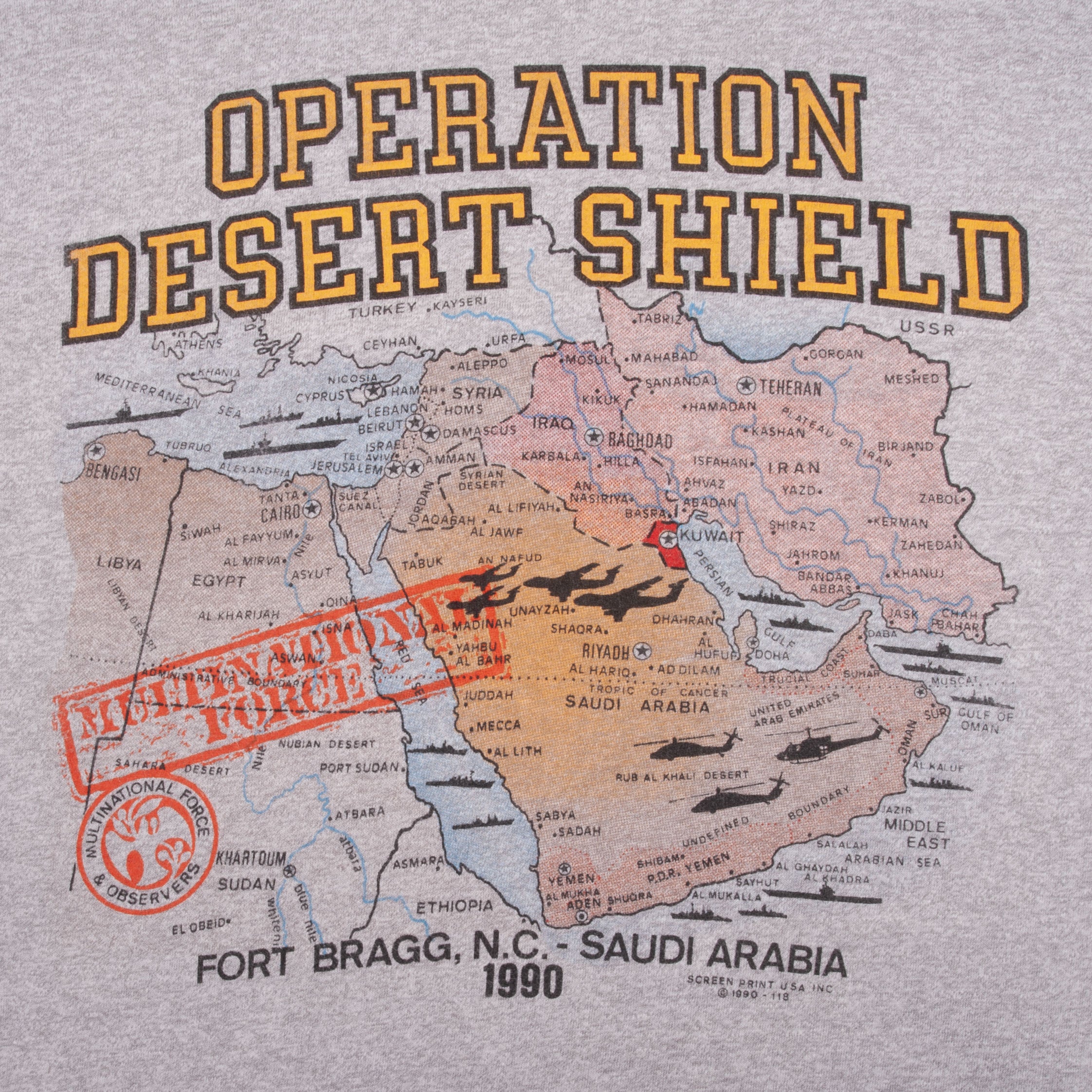 Vintage Operation Desert Shield Saudi Arabia T-Shirt 1990 Small - Made in USA - Military Collectible & Patriotic Apparel for Veterans & History Enthusiasts