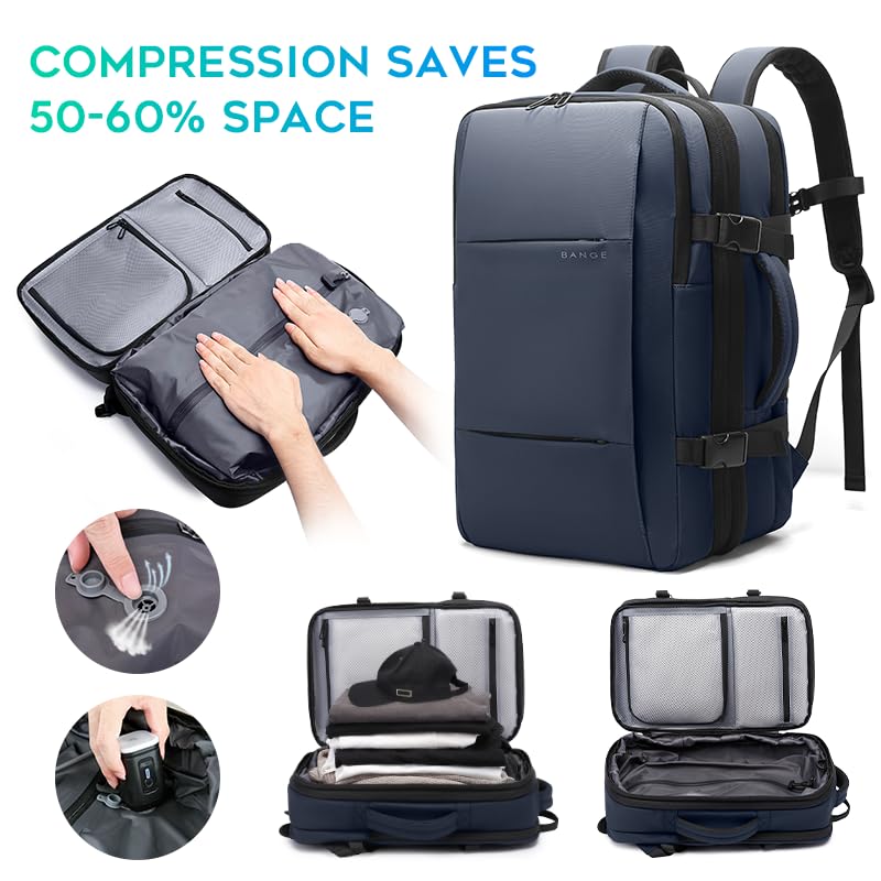 BANGE Anti-Theft Vacuum Compression Travel Backpack - Expandable Air Pump Backpack for Airplane, Business & Outdoor Adventures | Water-Resistant Carry-On Luggage for Commuters & Frequent Flyers