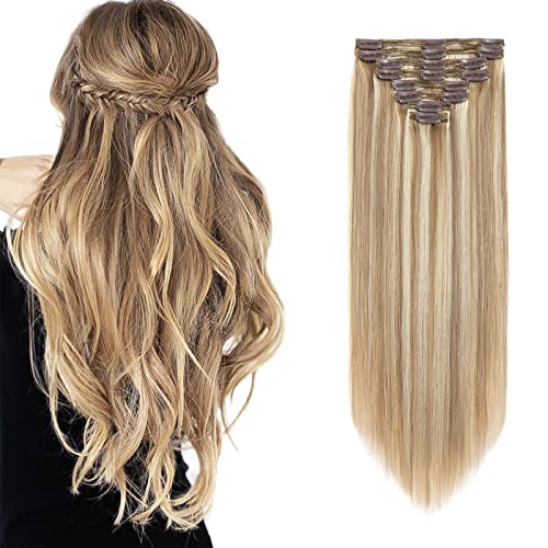 MY-LADY 100% Remy Human Hair Clip-in Extensions - 22 Inch 160g 8pcs Light Brown with Bleach Blonde Highlights - Grade 7A Silky Straight Hair Extensions with 18 Clips for Full Head Volume | Perfect for Parties, Weddings & Daily Styling
