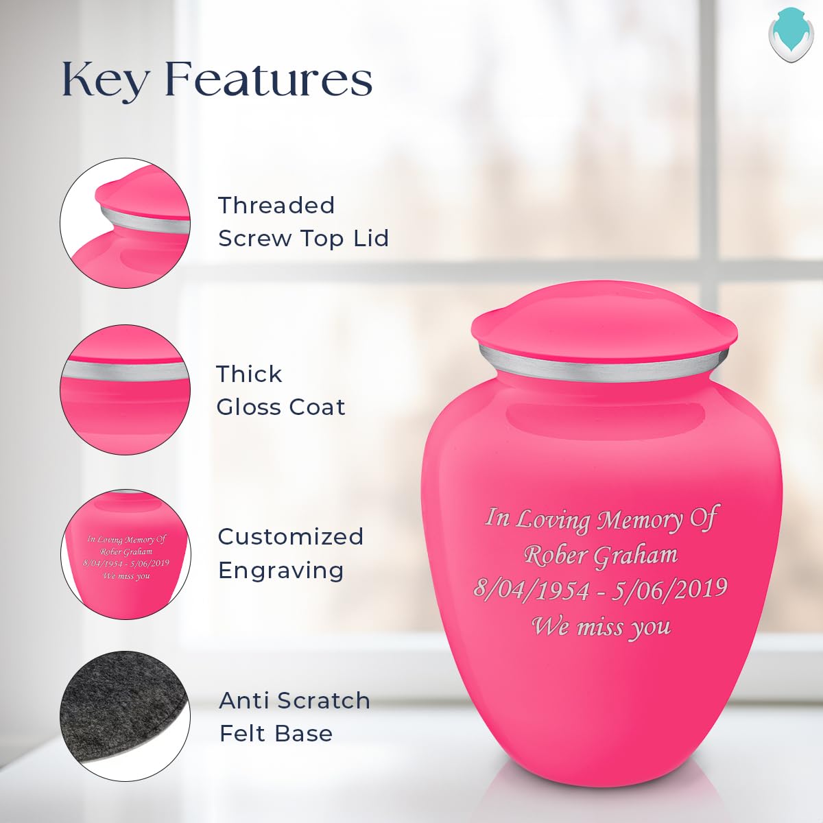 Personalized Cremation Urns for Human Ashes - Large Bright Pink Funeral Urn for Adults with Double Side Engraving (Holds 200 lbs) - Perfect for Memorial Services, Home Display & Honoring Loved Ones