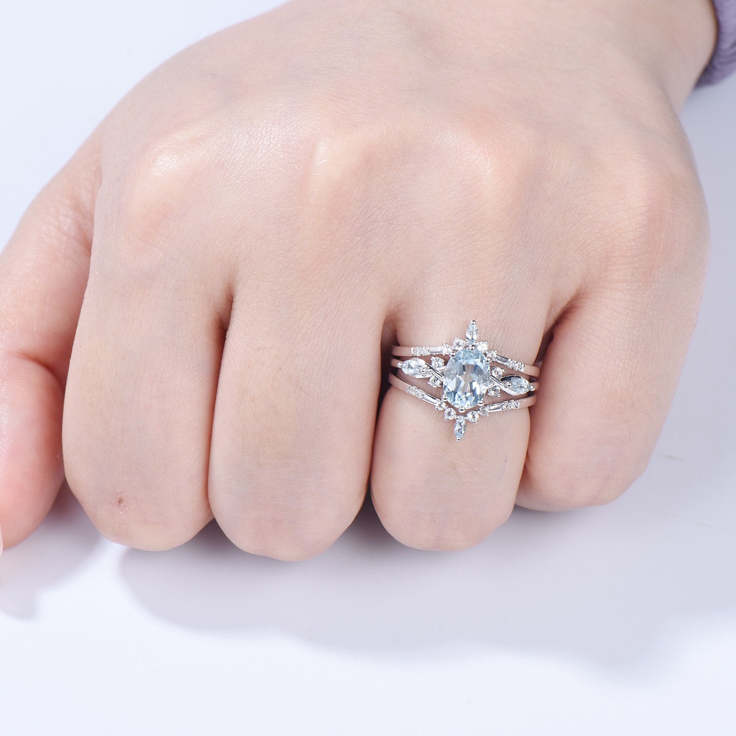 1.5CT Oval Natural Aquamarine Engagement Ring Set - Vintage March Birthstone Wedding Ring - Double Curved Stacking Matching Band Bridal Set - Perfect for Proposals, Anniversaries & Romantic Occasions