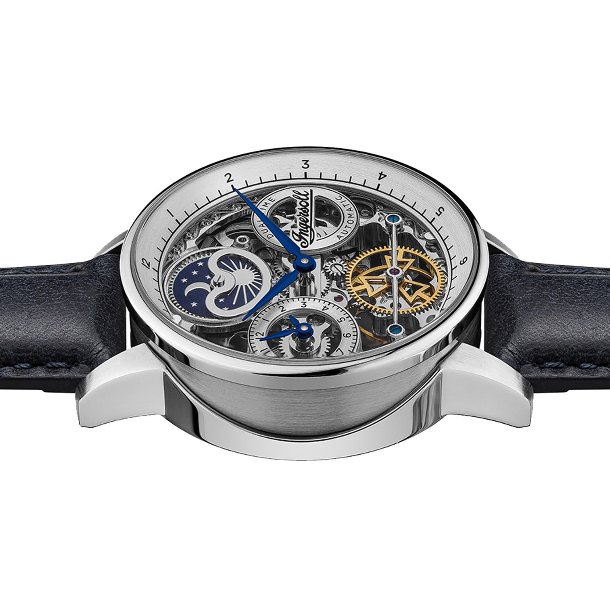 Ingersoll The Jazz Men's 42mm Automatic Moonphase Watch - Silver Skeleton Dial & Genuine Blue Leather Strap I07702 - Perfect for Formal Events, Business Meetings & Luxury Gift Giving