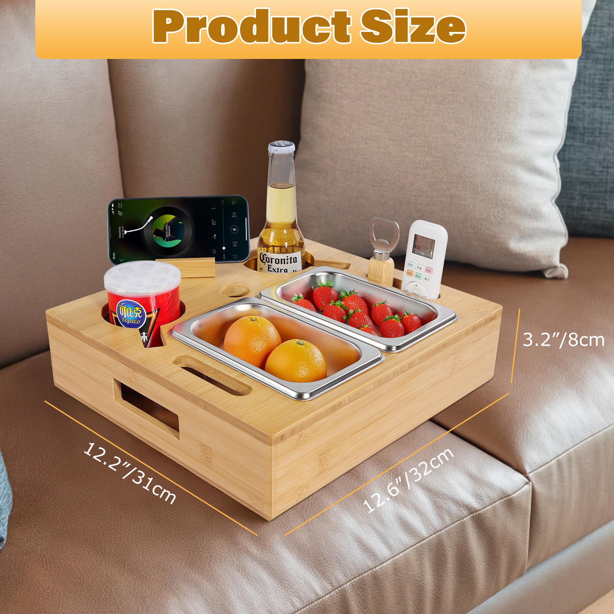 IKER Wooden Couch Cup Holder & Snack Tray - Rotatable Phone Stand, Anti-Spill Drink Holder for Sofa, Bed, Car - Perfect for Movie Nights, Road Trips & Relaxing with Snacks & Drinks