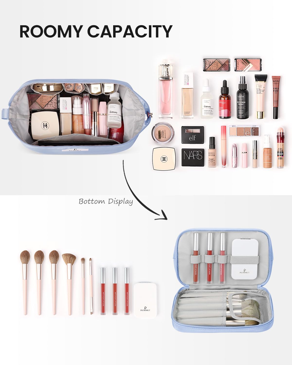 Pocmimut Large Double Layer Makeup Bag for Women & Girls - Travel Cosmetic Organizer with Brush Holder, Waterproof Toiletry Bag (Baby Blue) - Perfect for Travel, Gym, and Daily Makeup Storage
