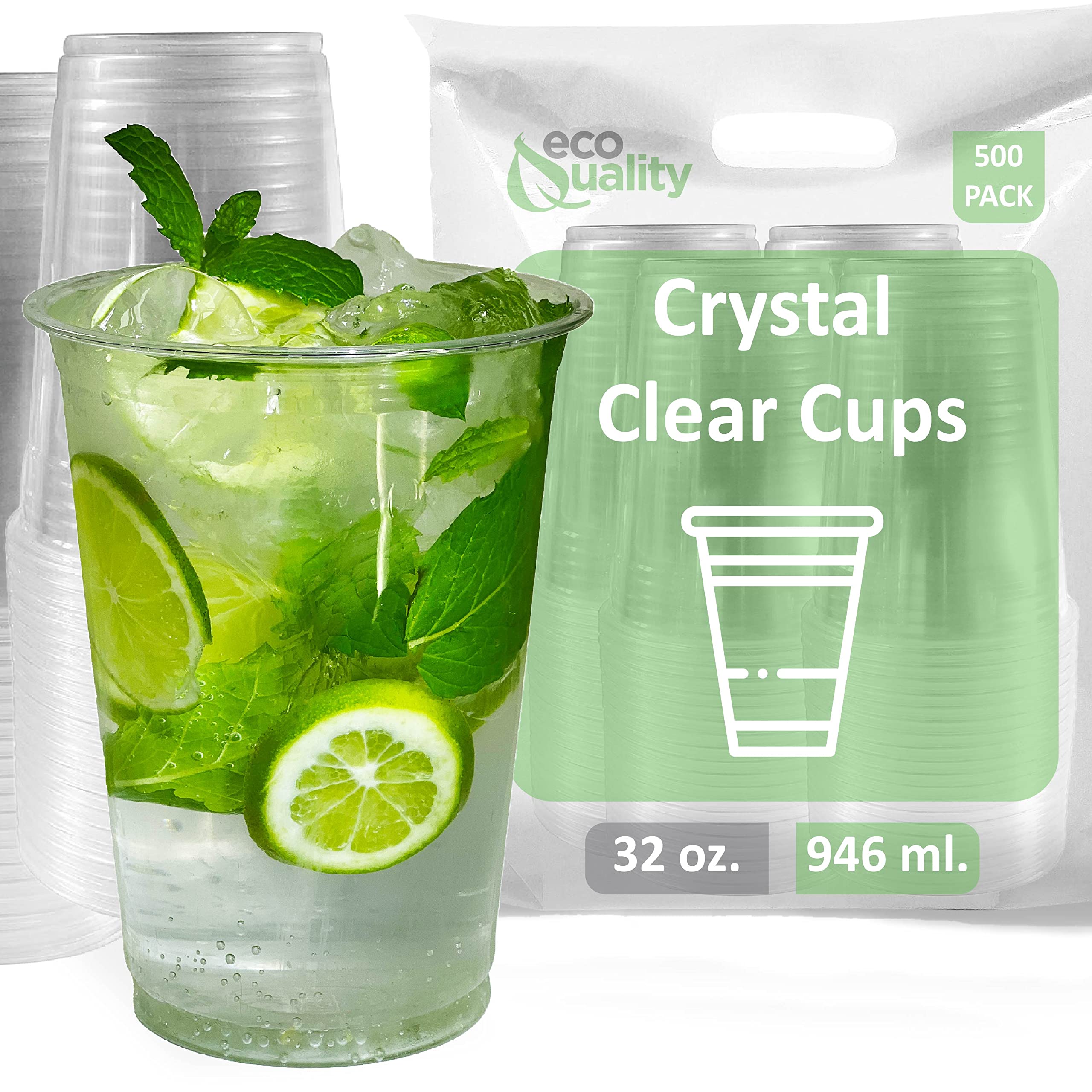 32 oz Clear Plastic Disposable Cups - 500 Pack | Crystal Clear PET Cold Drink Cups for Smoothies, Iced Coffee, Juice, Soda & Cocktails | Perfect for Parties, Meal Prep, Restaurants & Cafes | BPA-Free Reusable Drinking Cups