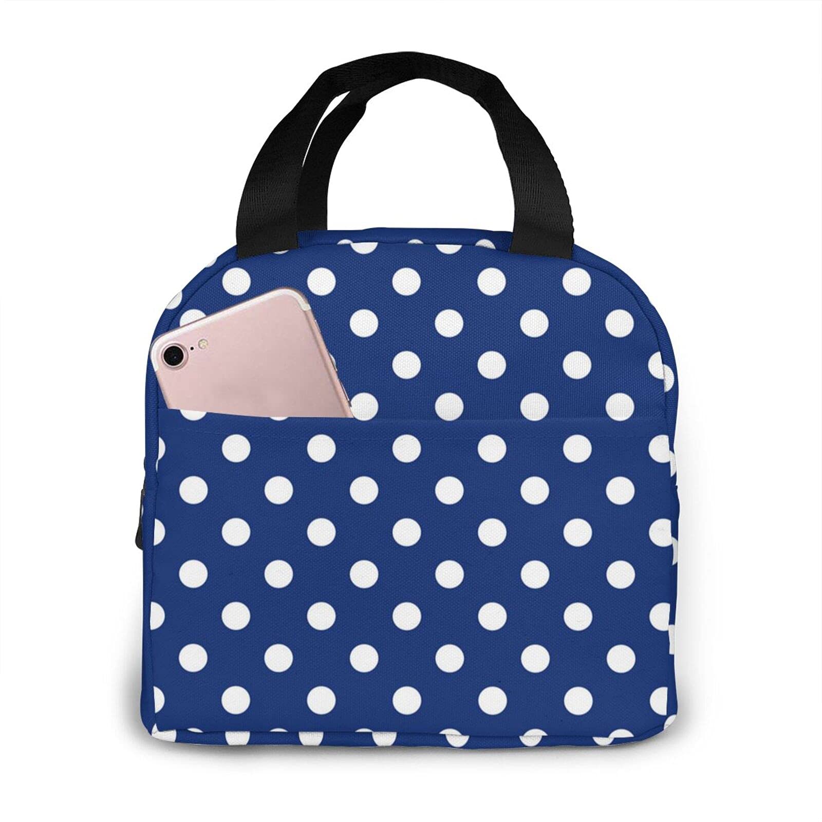 Navy Blue Polka Dot Insulated Lunch Tote Bag - Reusable Thermal Food Container for Work, School, Travel, Gym, Hiking, Picnic & Beach Outings