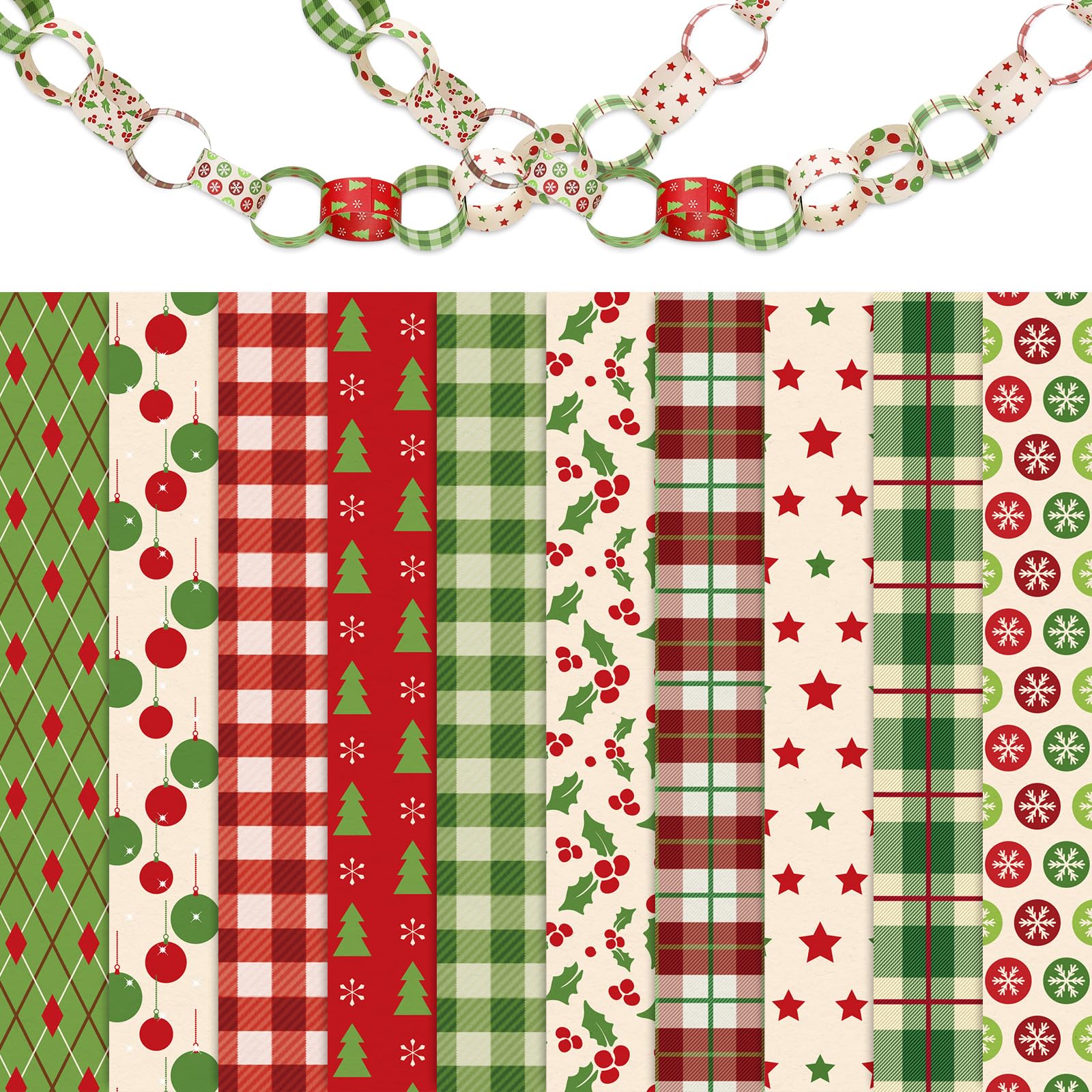 300Pcs Christmas Paper Chains & 500Pcs Glue Dots - Vintage Xmas Tree Snowflake Star Paper Craft Decorations for Holiday Party, Home, Classroom & DIY Projects