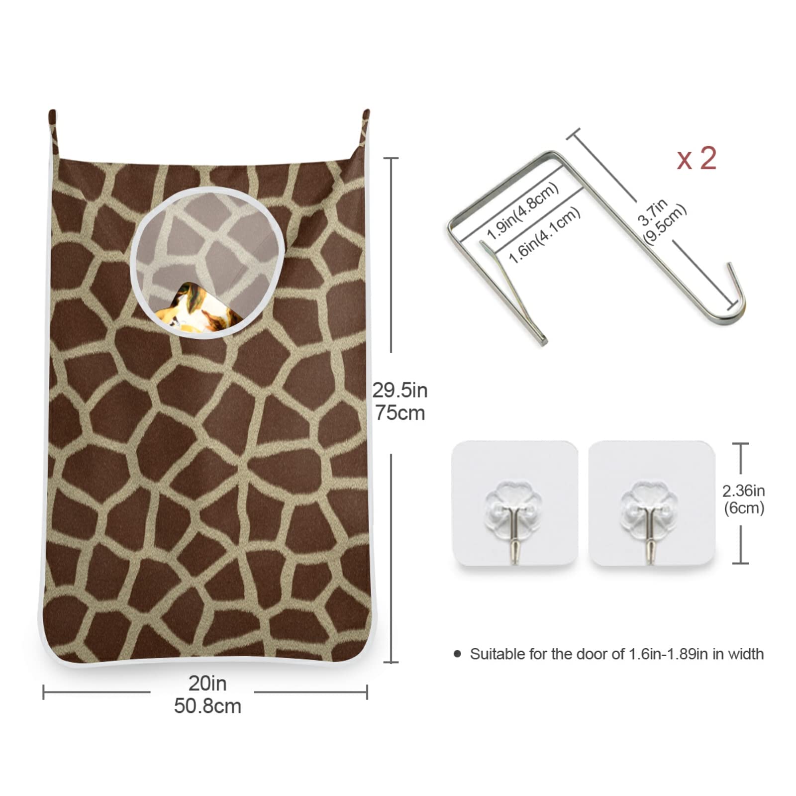 Poeticcity Giraffe Print Laundry Hamper - Animal Texture Seamless Brown Geometric Pattern Hanging Clothes Basket with Hooks for Over The Door Storage | Perfect for Bathroom, Bedroom & Closet Organization