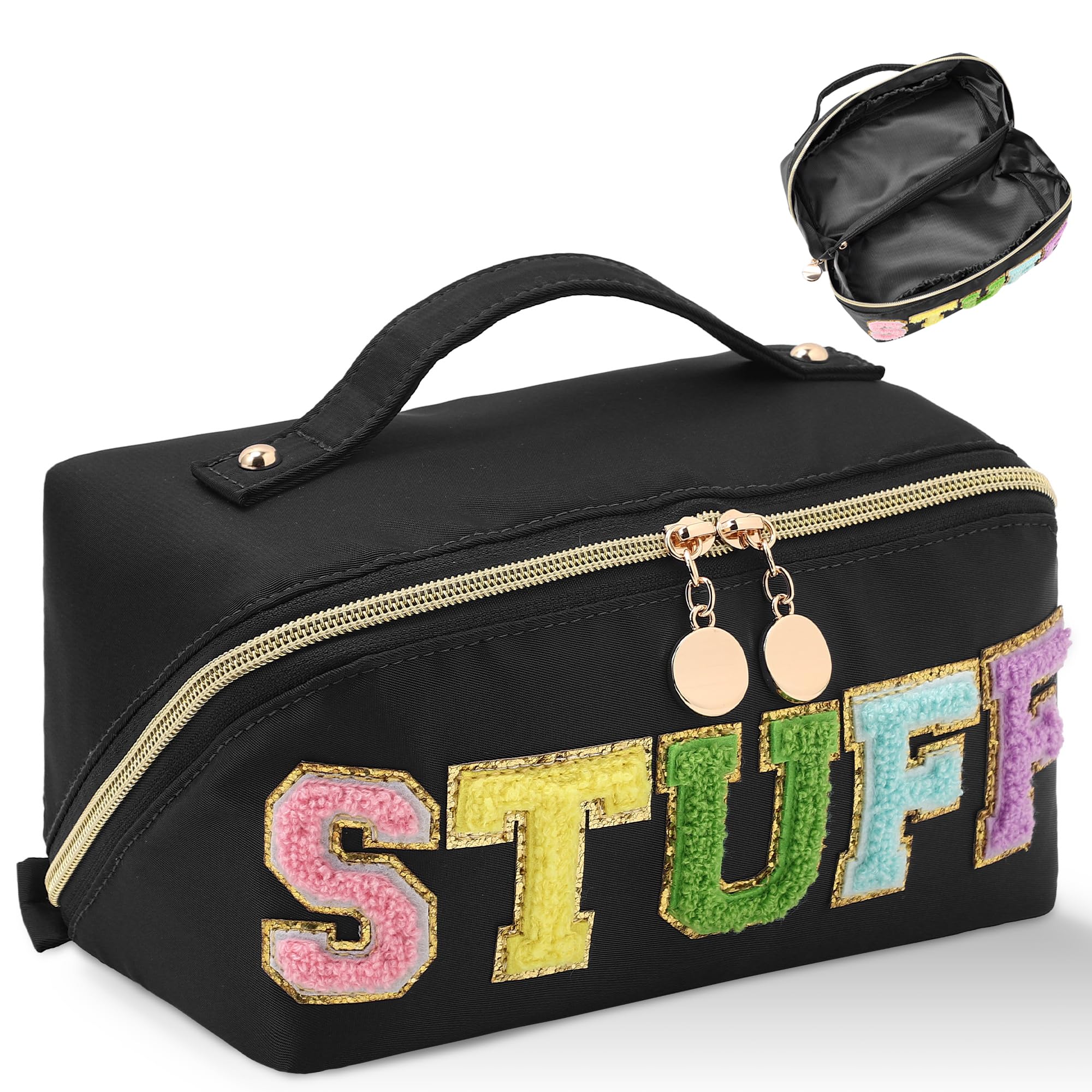 Stoney Clover Preppy Makeup Bag - Large Capacity Travel Cosmetic Organizer with Chenille Letters & Patch Design | Perfect for College, Gym, Vacation & Everyday Use (Black)