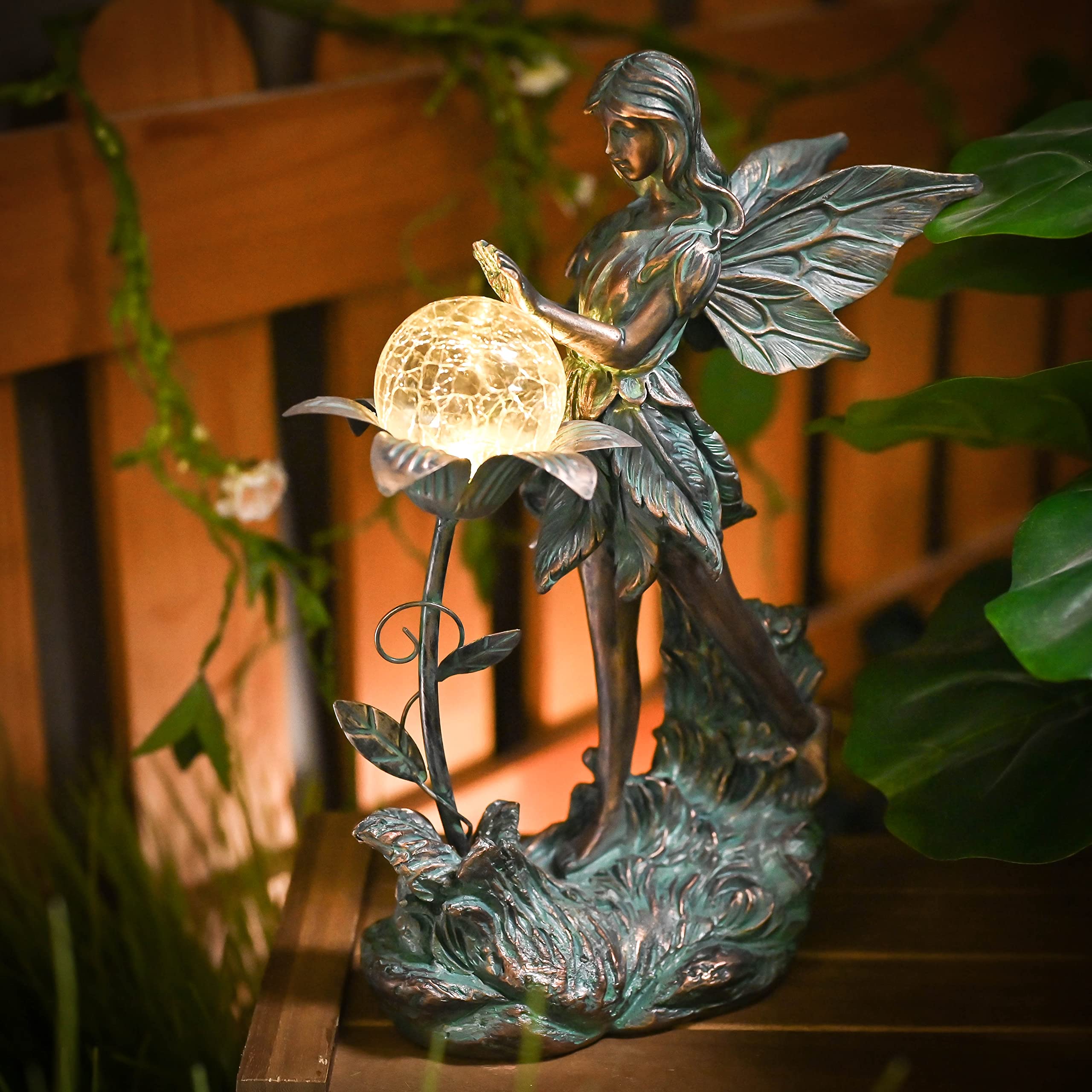 Large Bronze Garden Fairy Sculpture with Solar Light - 10.6\