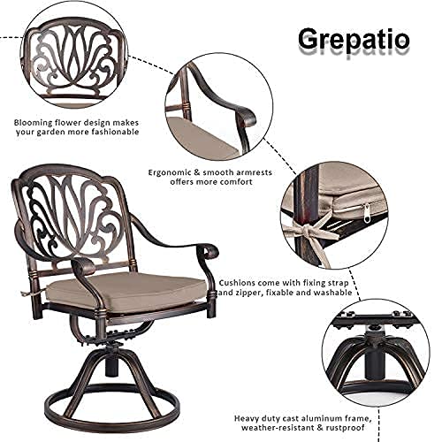 Grepatio 2-Piece Swivel Patio Dining Chairs Set with Cushions - Outdoor Cast Aluminum Garden Chairs for Backyard, Lawn & Deck - Comfortable Swivel Rocker Chairs with Khaki Cushions - Perfect for Outdoor Dining, Lounging & Entertaining