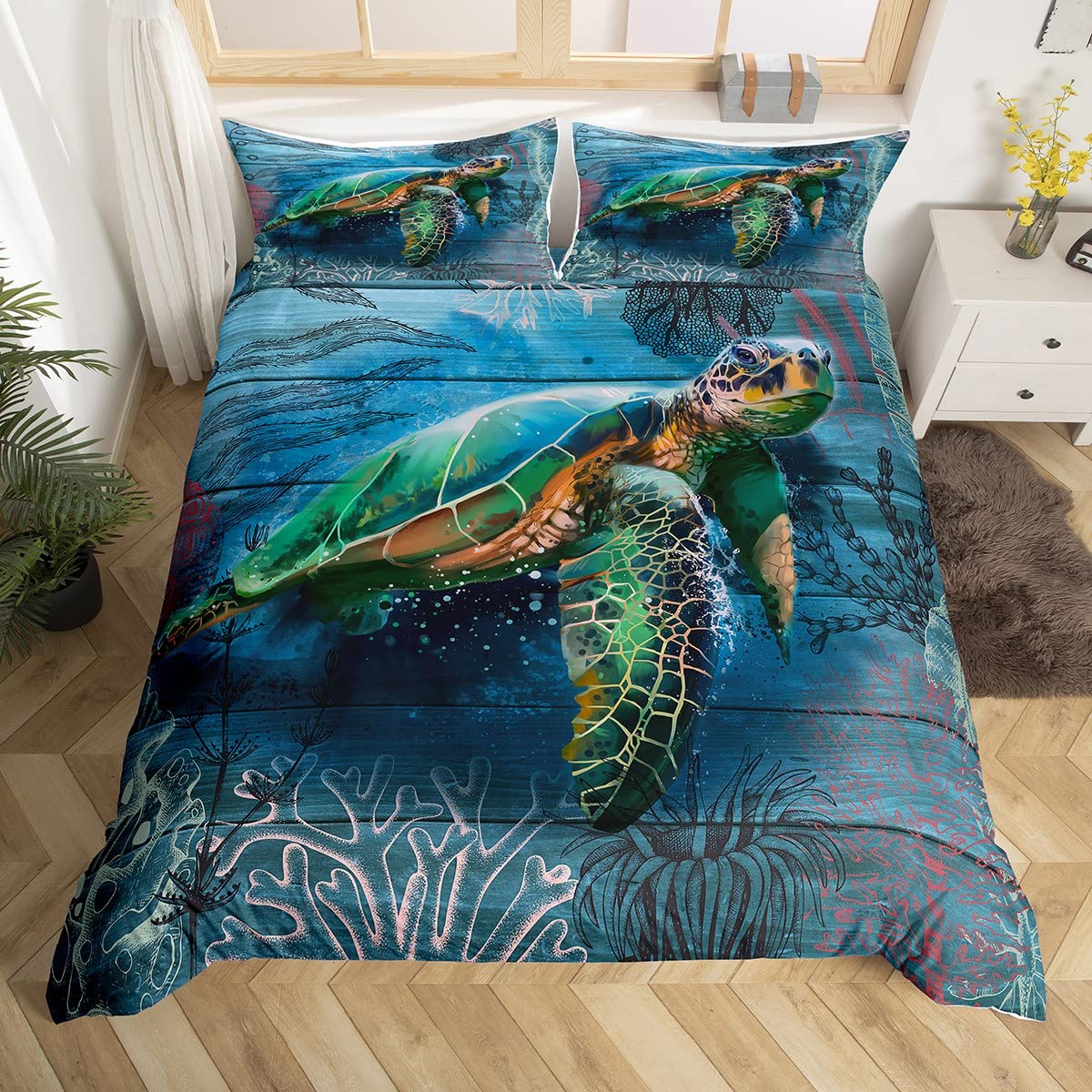 Sea Turtle Duvet Cover Twin Size - Ocean Themed Bedding Set for Kids | Marine Life Nautical Comforter Cover with Coral & Wooden Plank Design | Perfect for Boys/Girls Bedroom Decor & Underwater Themed Nursery