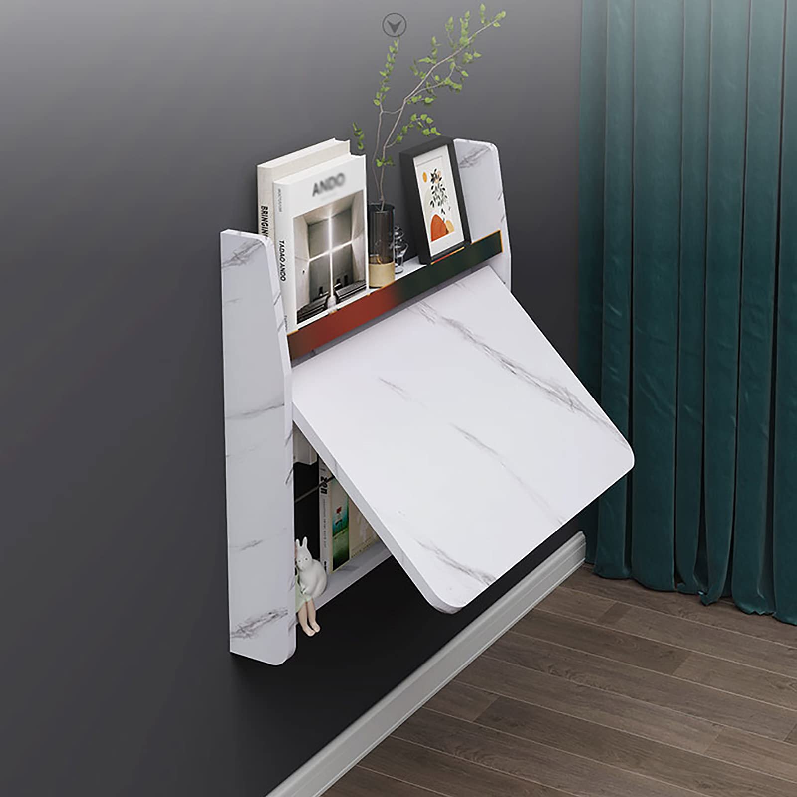 XIAOQIAO Wall-Mounted Folding Writing Desk with Storage Shelves - Compact Corner Computer Desk for Small Spaces (40kg Load Capacity) - Perfect for Study, Bedroom, Bathroom & Home Office Workspace