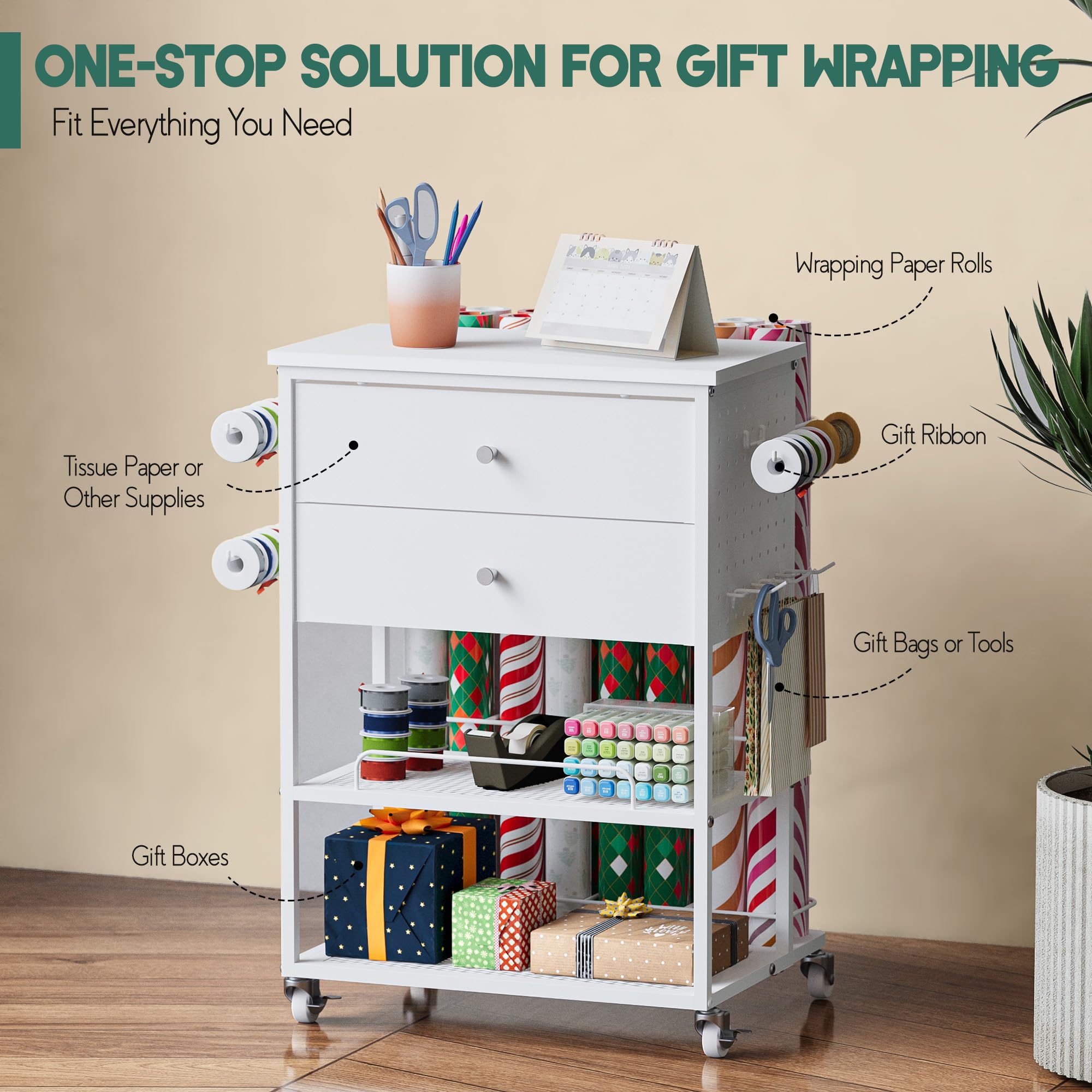 Rolling Gift Wrap Storage Cart - Organizer for Wrapping Paper, Ribbons & Gift Bags | Portable Craft Station for Christmas & Holiday Gift Wrapping | Perfect for Home, Office & Party Decorations