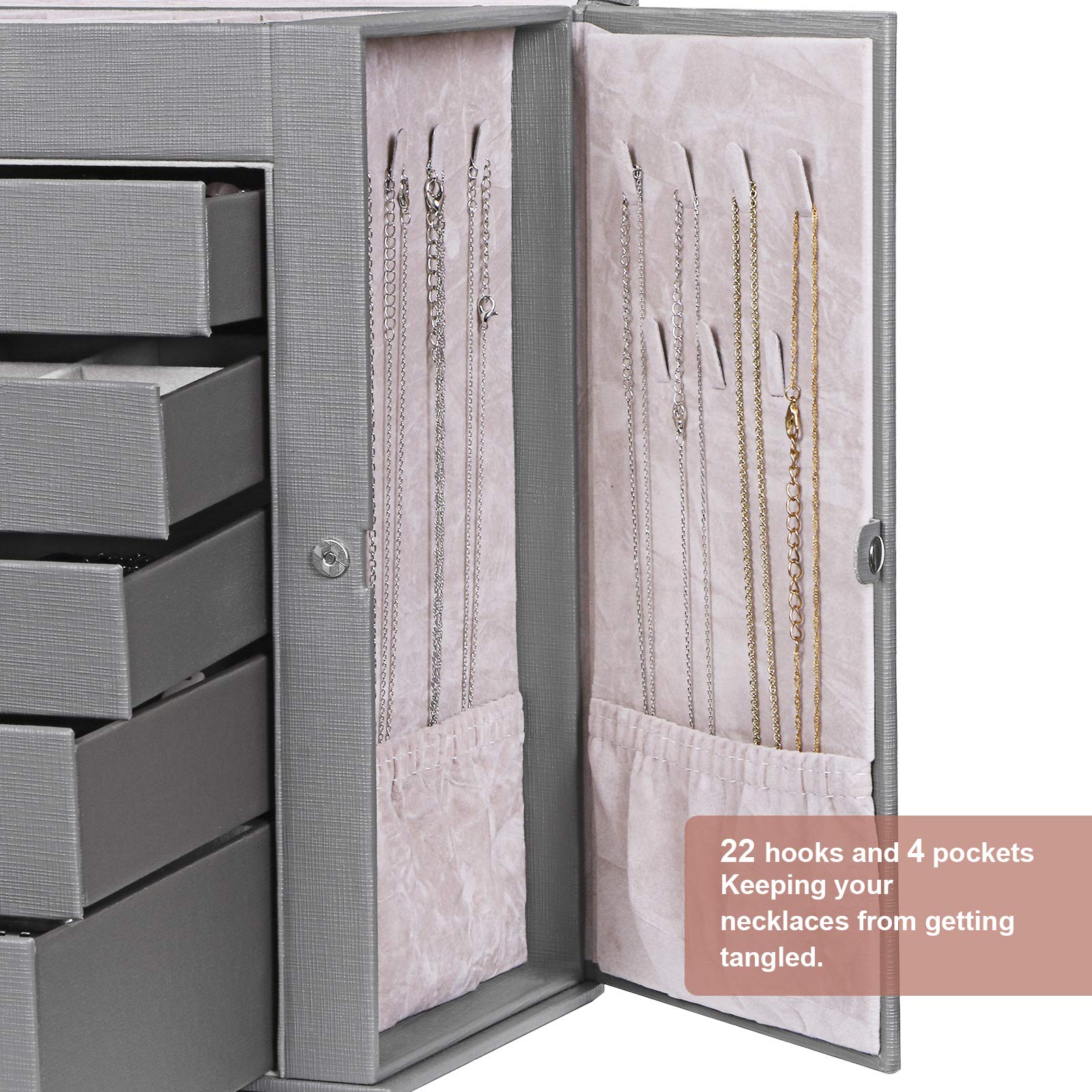 ANWBROAD 6-Tier Large Jewelry Organizer Box with Lock & Mirror - Faux Leather Jewelry Storage Case for Earrings, Rings, Necklaces, Bracelets - Perfect for Girls' Bedroom, Vanity & Travel Gift (JJB004)