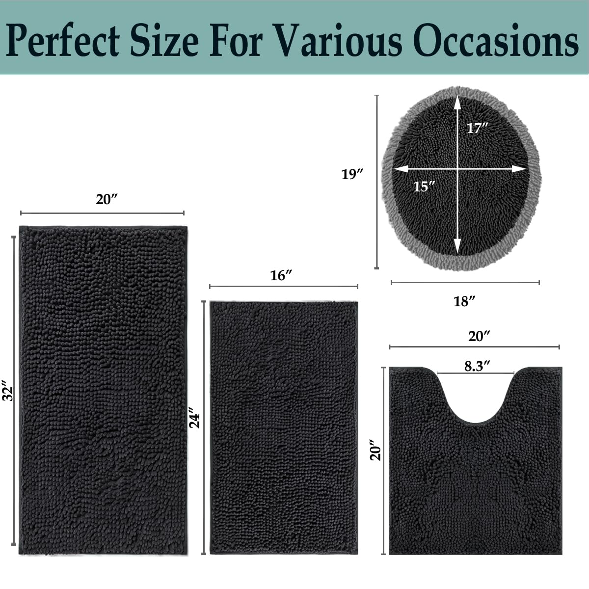 4-Piece Plush Bathroom Rug Set - Soft Shaggy Chenille Non-Slip Bath Mats for Bathroom Floor, Tub & Shower - Ultra Absorbent & Durable - Perfect for Modern Bathrooms & Spa-Like Retreats (Black)