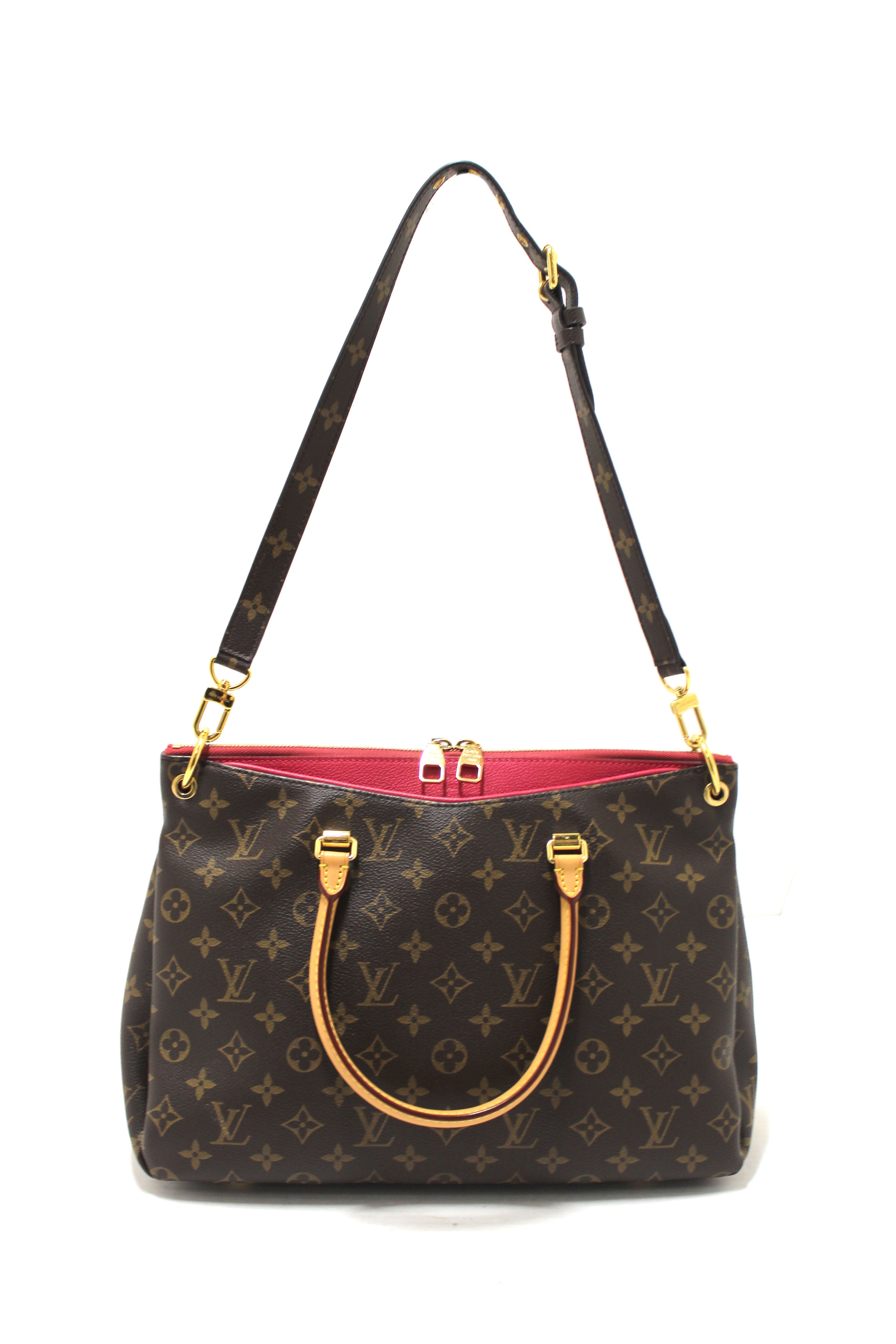 Authentic Louis Vuitton Pallas MM Handbag - Classic Monogram with Fuchsia Calfskin Leather | Luxury Designer Purse for Women, Perfect for Work, Travel & Evening Events