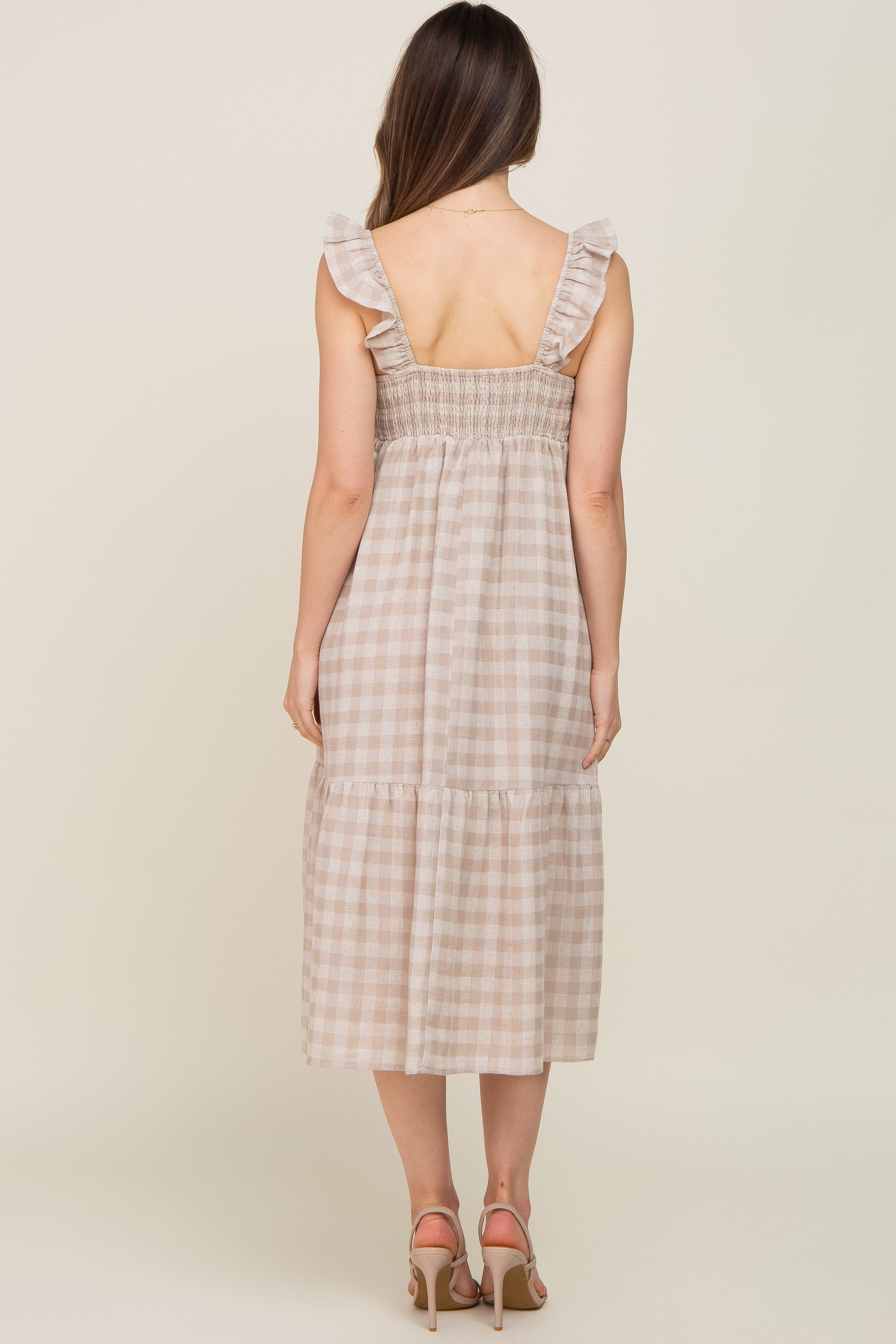 Beige Checkered Linen Maternity Dress - Sweetheart Neckline with Ruffle Straps, Flowy Midi Length for Pregnancy & Nursing | Perfect for Baby Showers, Maternity Photos & Summer Outings