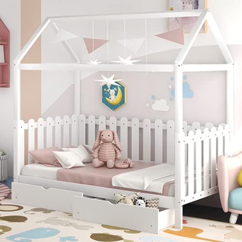 P PURLOVE Twin Size Wooden Playhouse Bed Frame with Storage Drawer & Fence Guardrail - Kids Daybed for Boys, Girls & Teens - Perfect for Bedroom, Playroom & Sleepovers
