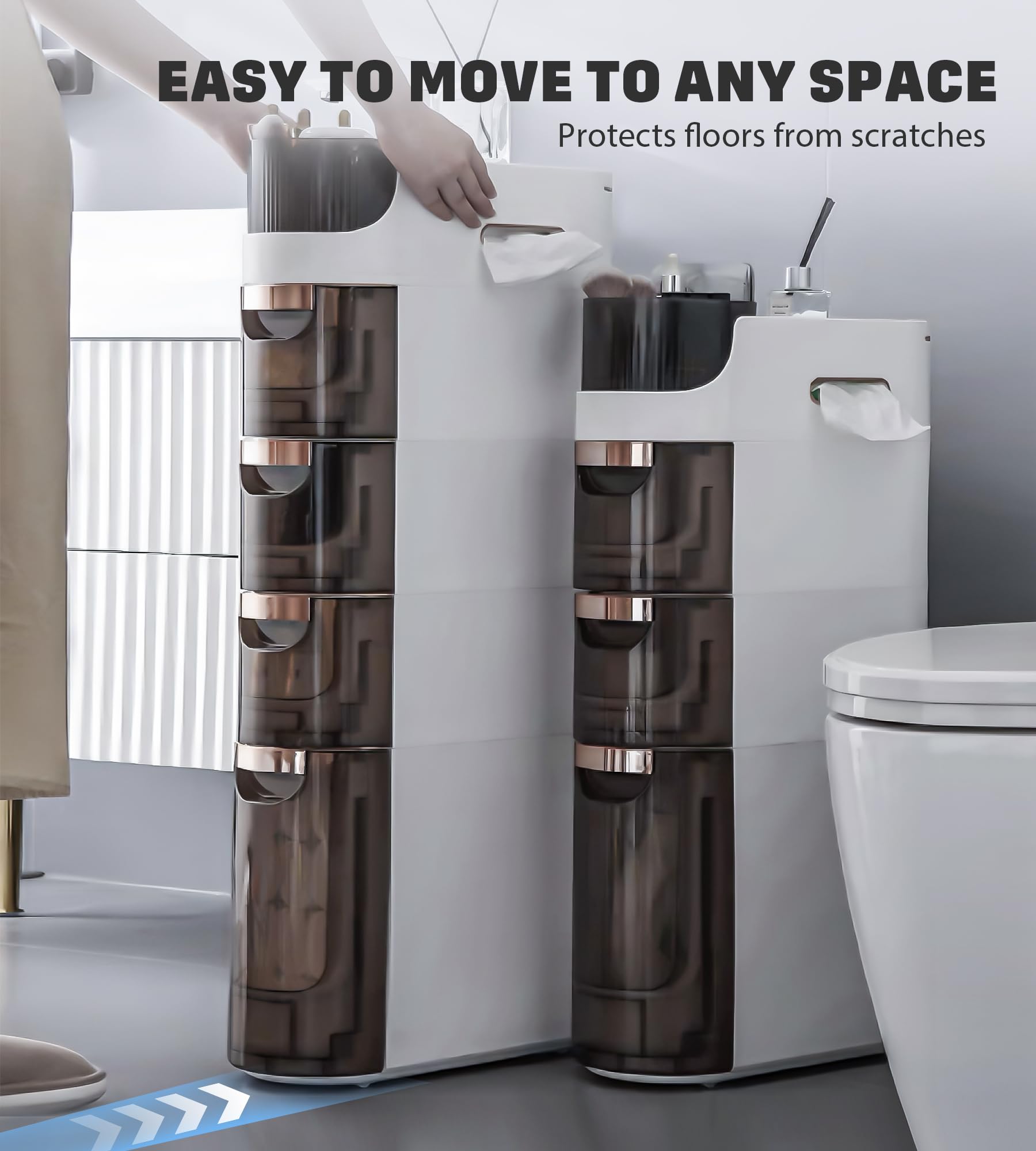 4-Tier Slim Bathroom Storage Cabinet - Waterproof Narrow Floor Organizer with Wheels & Tissue Box Holder, Skinny Storage Cabinet with Drawers for Small Spaces - Perfect for Bathroom, Kitchen, Bedroom (6.7
