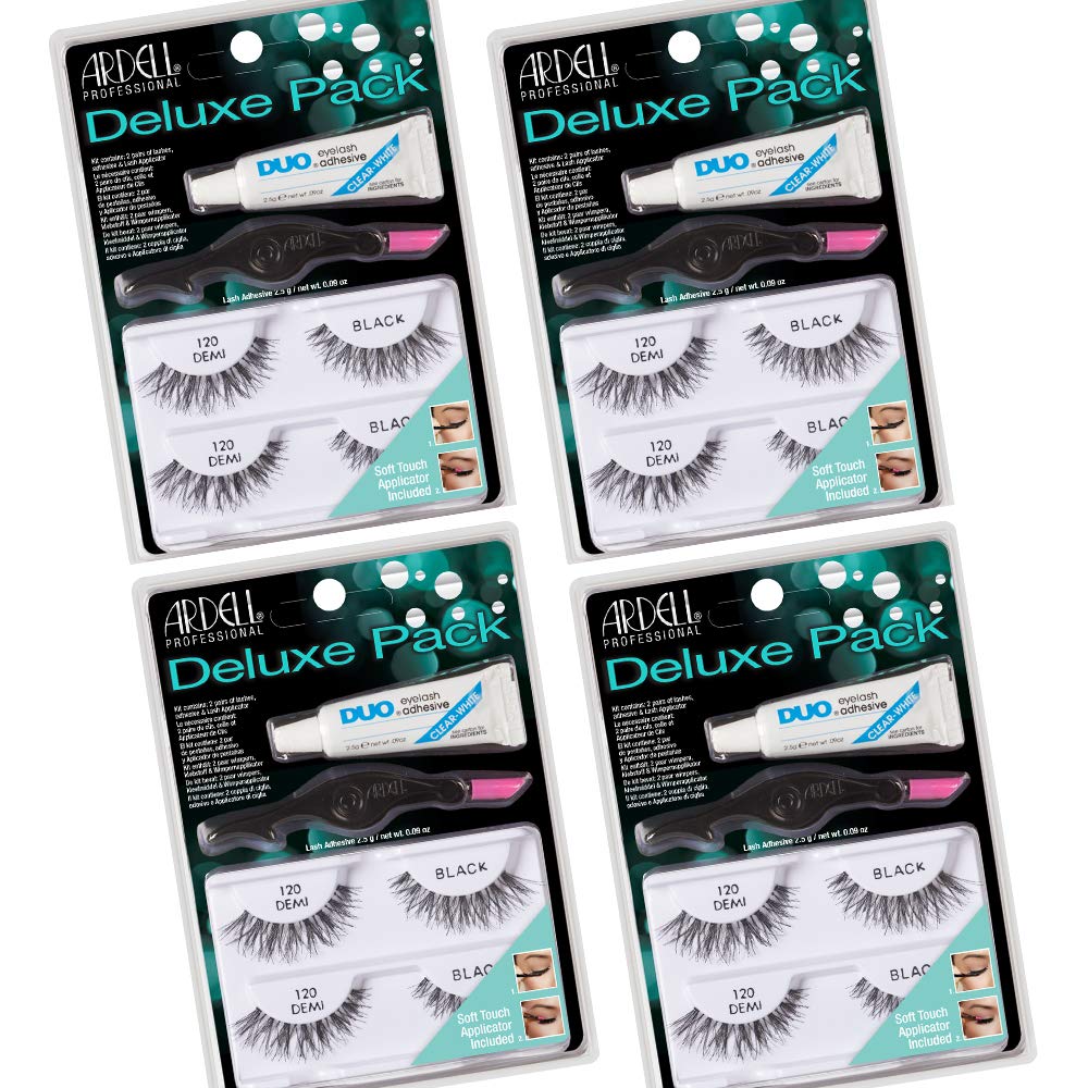 Ardell False Eyelashes Deluxe Pack - 120 Black Lashes, Lightweight Natural Look Strip Lashes with Duo Lash Adhesive & Applicator (4 Pack) | Perfect for Parties, Weddings & Everyday Glam