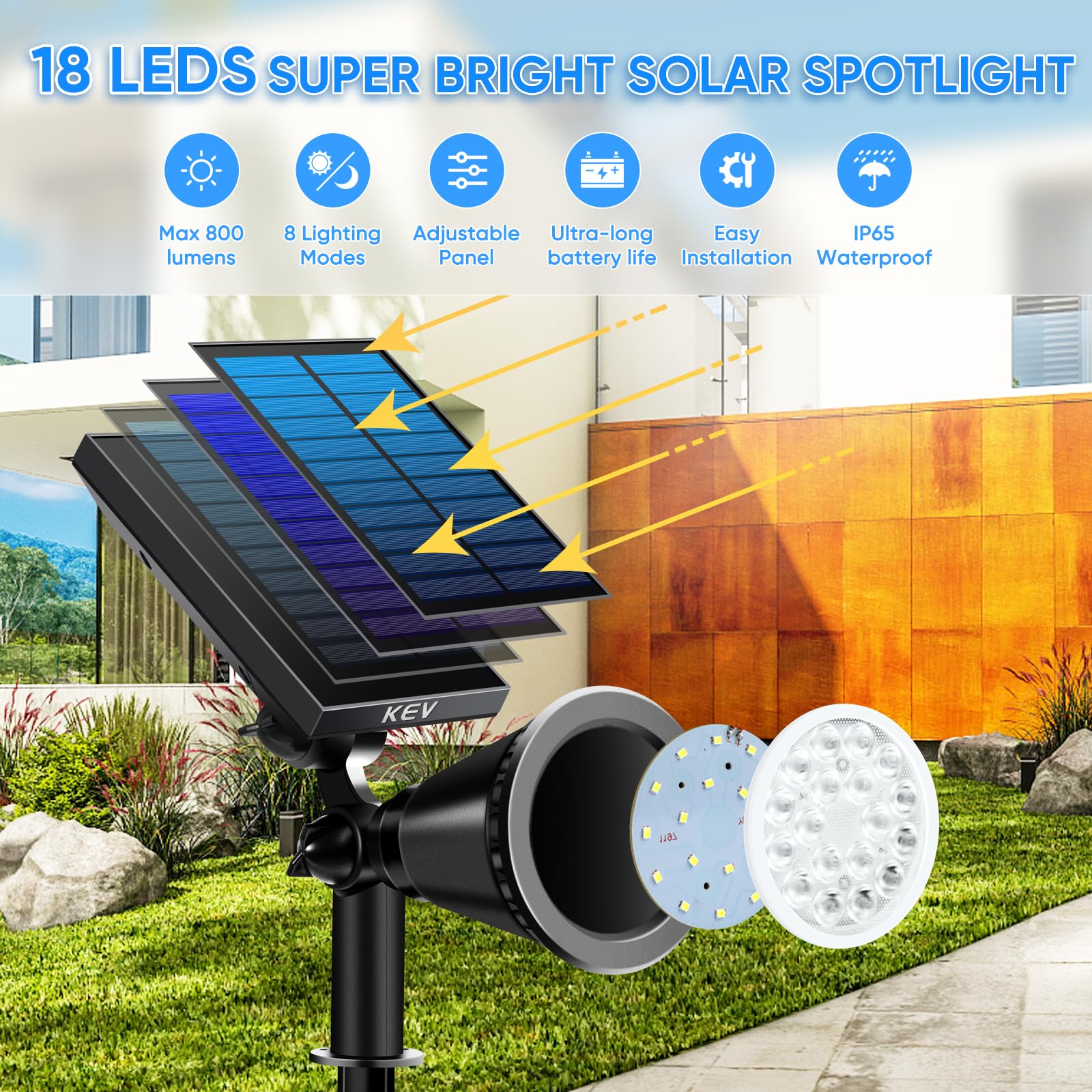 800 Lumens Solar Spot Lights Outdoor - 18 LED Solar Flood Lights with 2 Modes, Adjustable Angle & IPX65 Waterproof - Solar Spotlight for Driveway, Backyard, Patio, Garden, Tree, Garage (Cool White, 4 Pack) - Perfect for Landscape Lighting, Pathway Illumination & Security Lighting