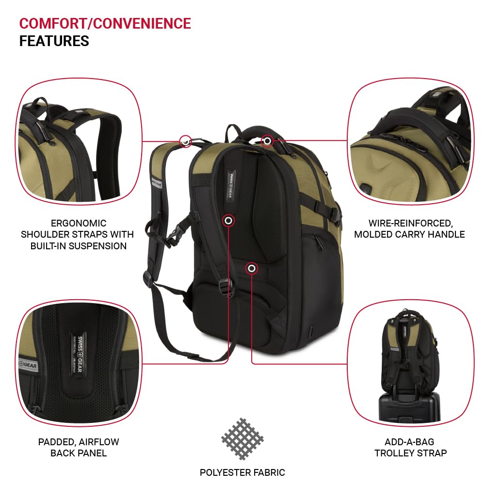 SwissGear Endure Scansmart 17.75 Inch Laptop Backpack for Men & Women - Anti-Theft Travel Backpack with USB Charging Port, Olive Green - Perfect for Business, College & Commuting