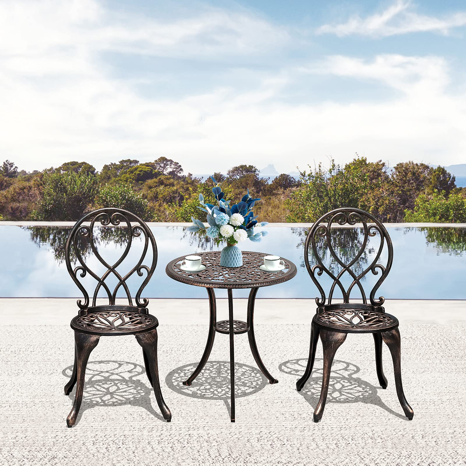 COBANA 3-Piece Outdoor Bistro Set - All-Weather Cast Aluminum Patio Dining Table with 2 Chairs & 2’’ Umbrella Hole, Bronze Retro Style - Perfect for Garden, Balcony, Poolside & Backyard Relaxation
