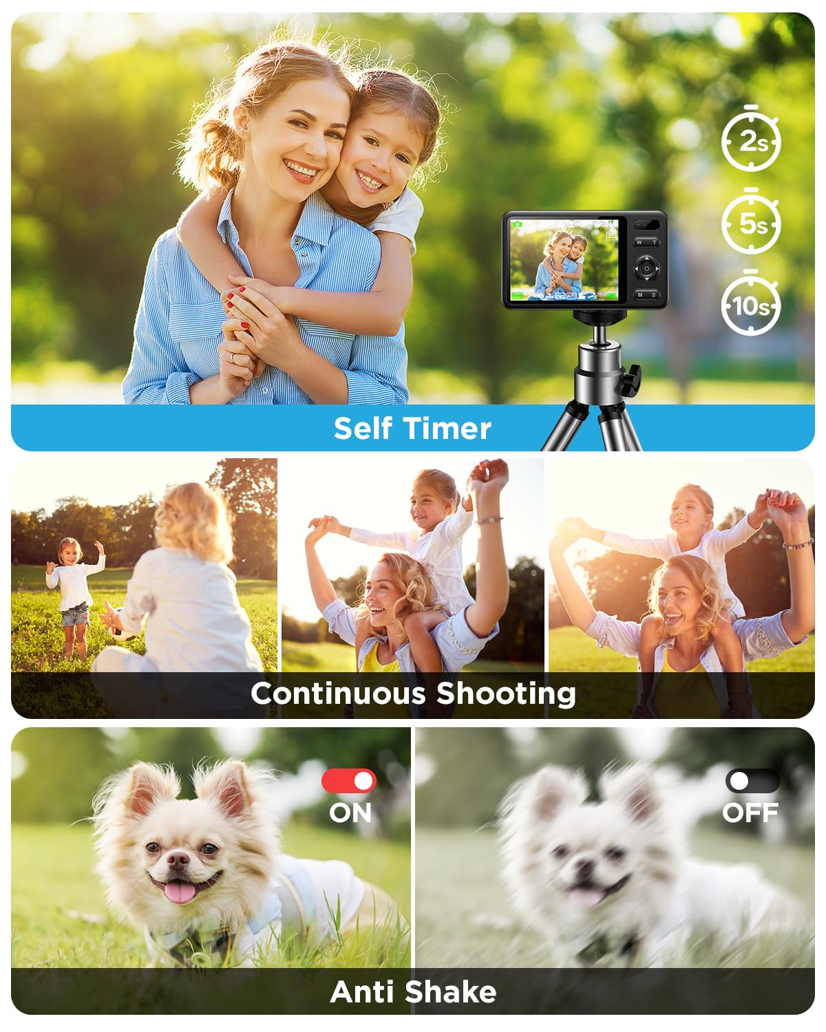 48MP 2.7K Digital Camera with 64GB Card, 16X Zoom & Anti-Shake - Compact Point and Shoot Camera for Kids, Teens & Students - Perfect for Travel, Birthday Gifts & School Projects