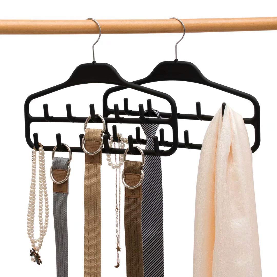 360° Swivel Belt Hanger Rack Holder - 2 Pack Heavy Duty Closet Organizer with 11 Non-Slip Rubberized Hooks, Black (14 x 0.39 x 11 Inch) - Perfect for Closet, Bedroom, Bathroom & Entryway Storage Organization