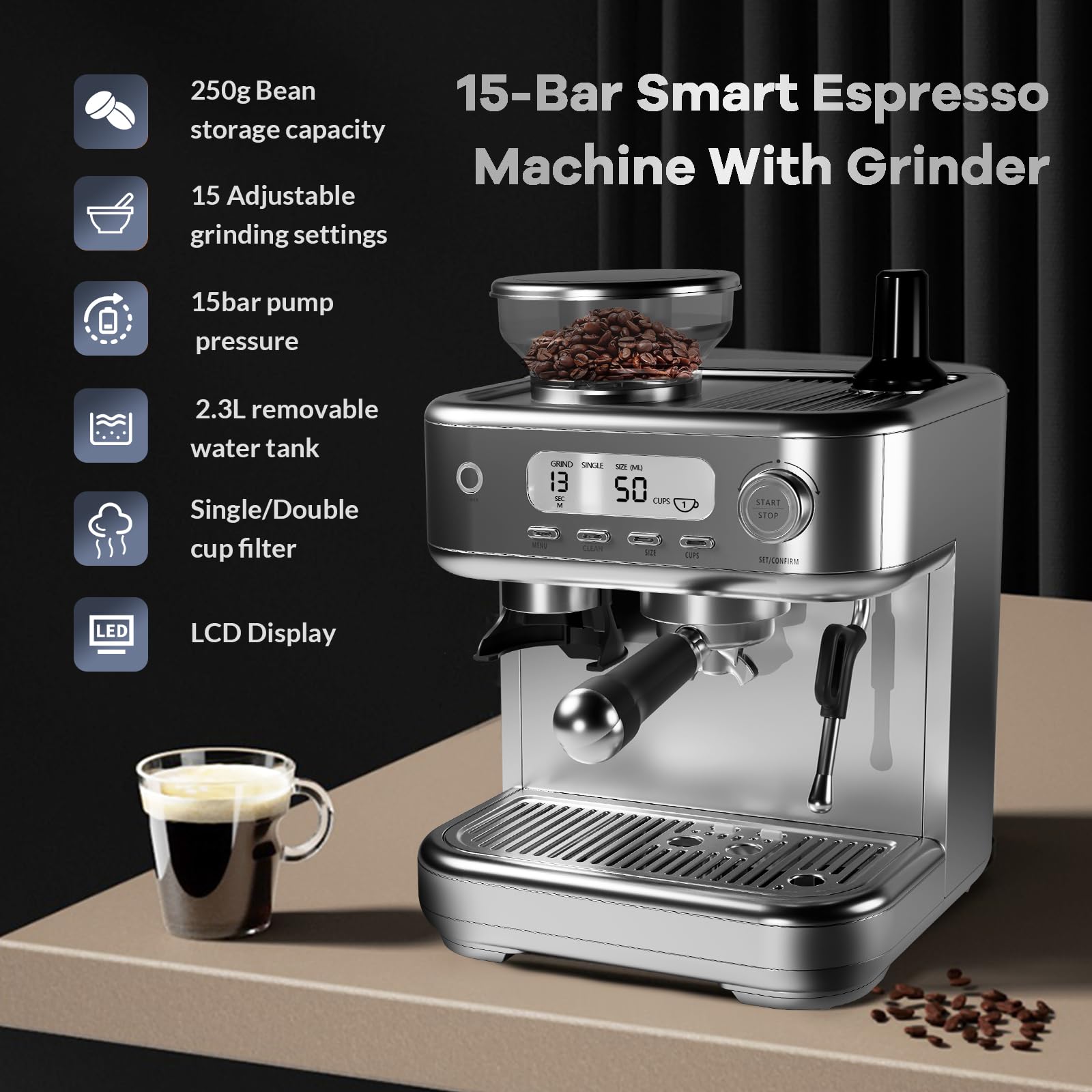 Professional 15 Bar Stainless Steel Espresso Machine with Built-in Grinder & Milk Frother - Semi-Automatic Coffee Maker for Espresso, Latte & Cappuccino - Perfect for Home, Office & Coffee Enthusiasts